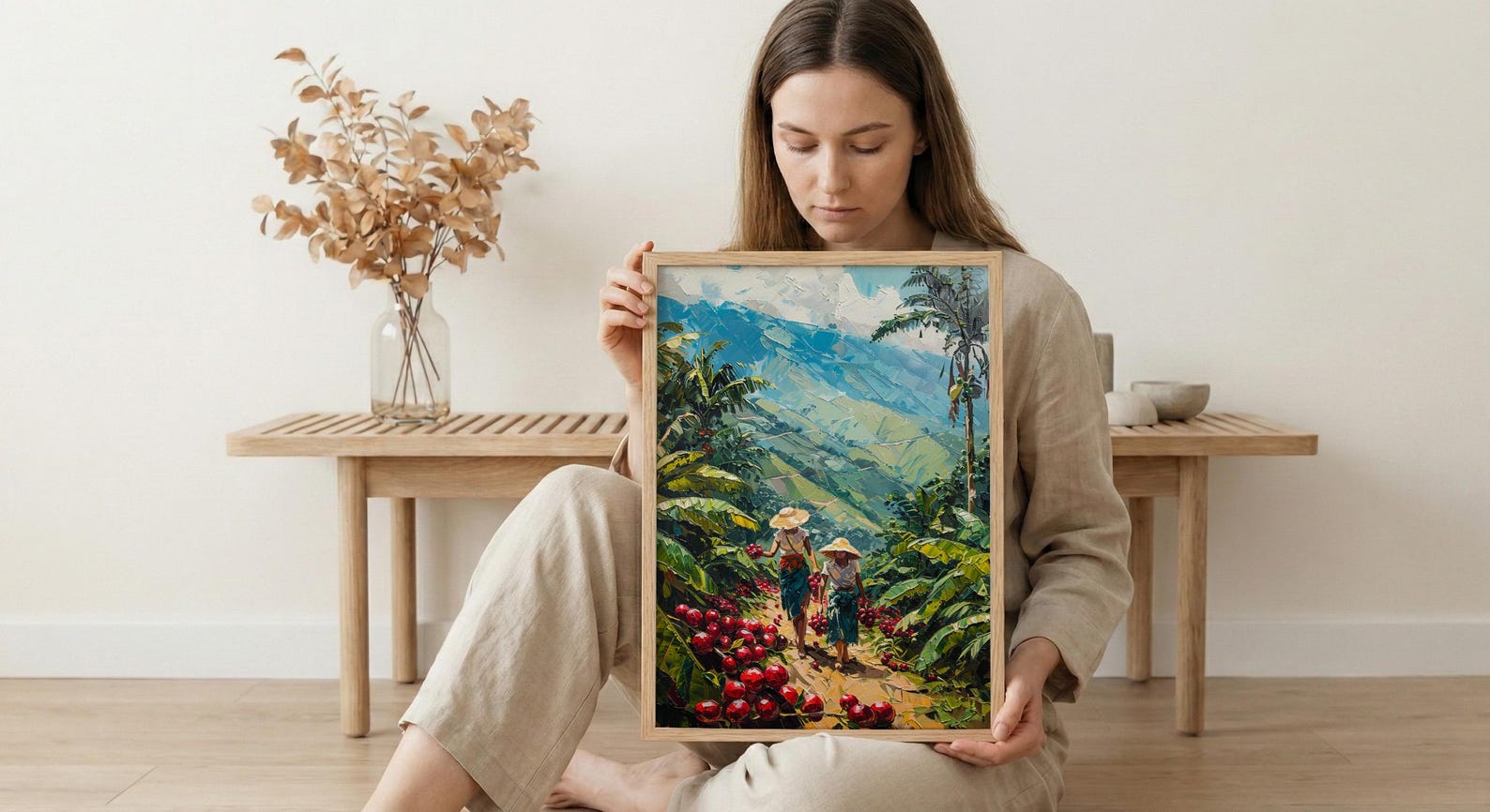 Colombia Coffee Art, Red Cherry Decor - Green Hill Landscape — view 6
