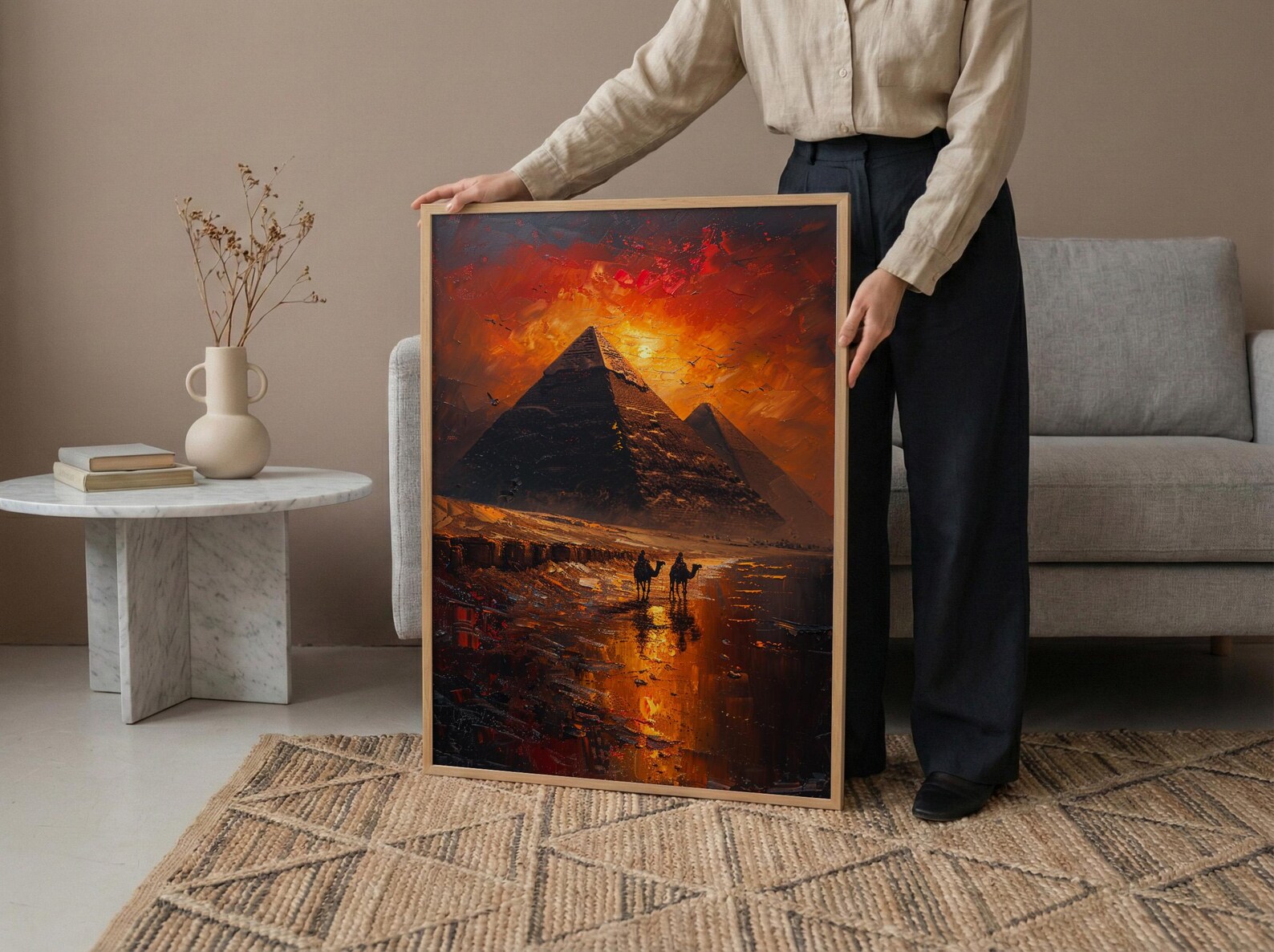 Egypt Pyramids Art, Giza Wall Decor, Sunset Landscape, Impasto Oil Painting, Camel Print, History Gift, Travel Lover Gift — view 5