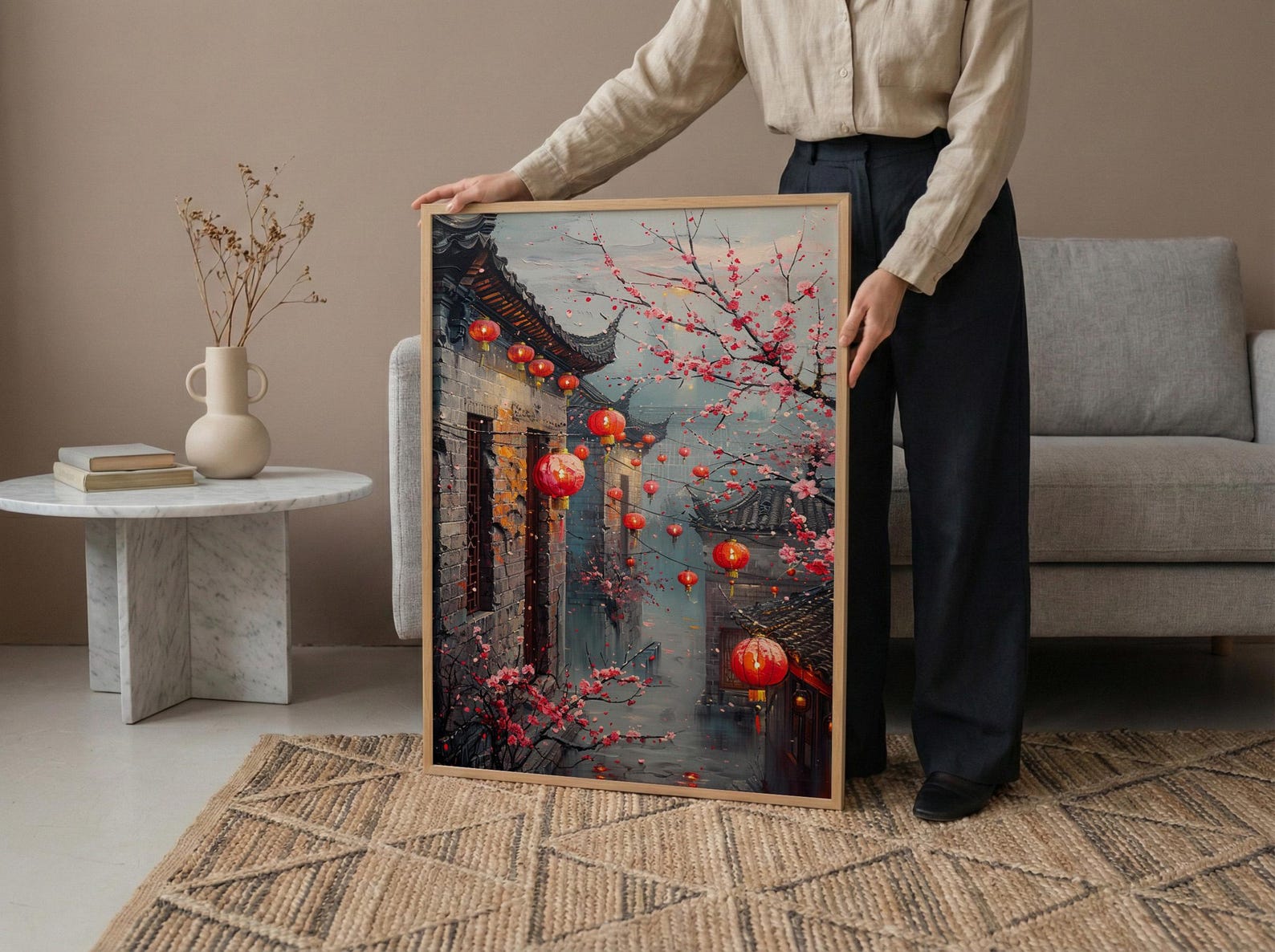 China Wall Art, Red Lantern Print, Plum Blossom Decor, Impasto Oil Painting, Grey Brick Wall, Traditional Asian — view 4