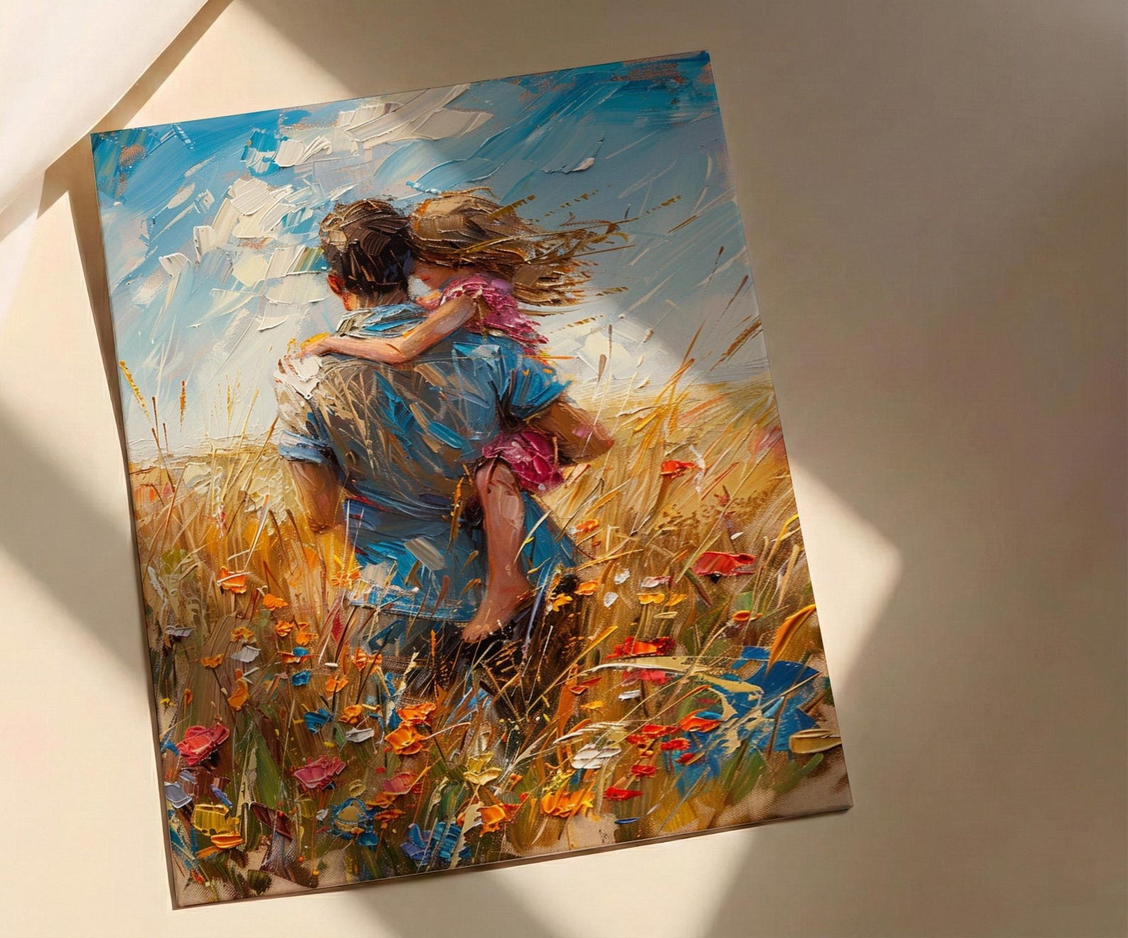 Father Piggyback Ride Art Print, Summer Field Decor - Joyful Family Poster — view 3