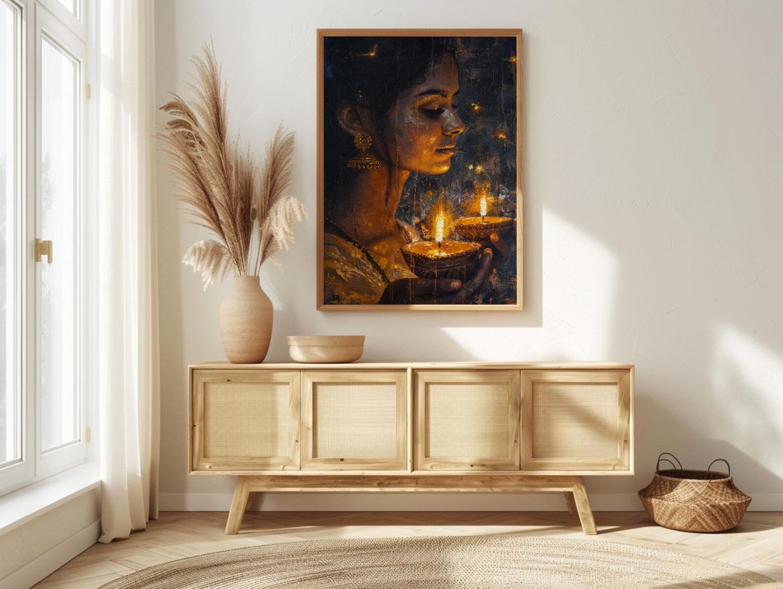 Diwali Celebration Oil Painting Poster, Woman Holding Diya Art Print, Spiritual Light Festival Wall Art, Golden Glow Decor, Impasto Art — view 2