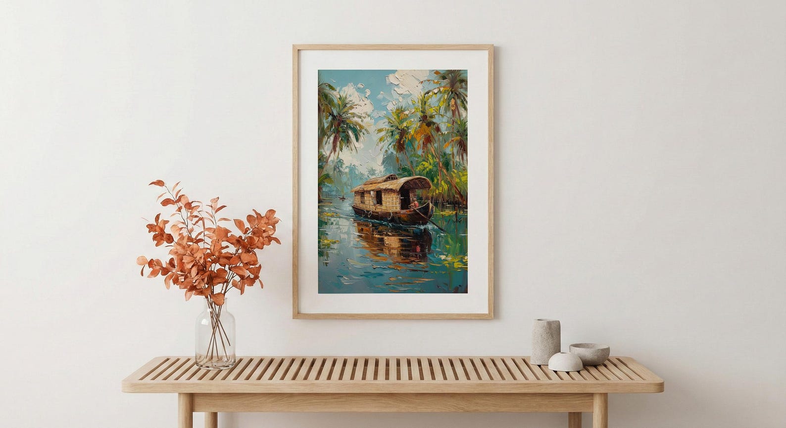 Kerala Backwater Poster, Wooden Houseboat - Tropical River Decor — view 5