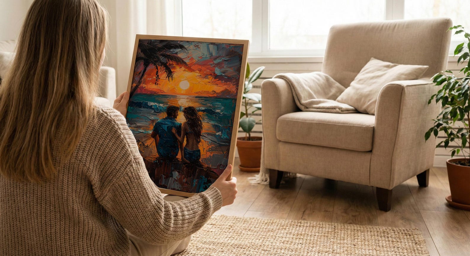 California Wall Art, Beach Sunset Couple Print, Ocean View Painting, Palm Tree Decor, Summer Vibe Art — view 6