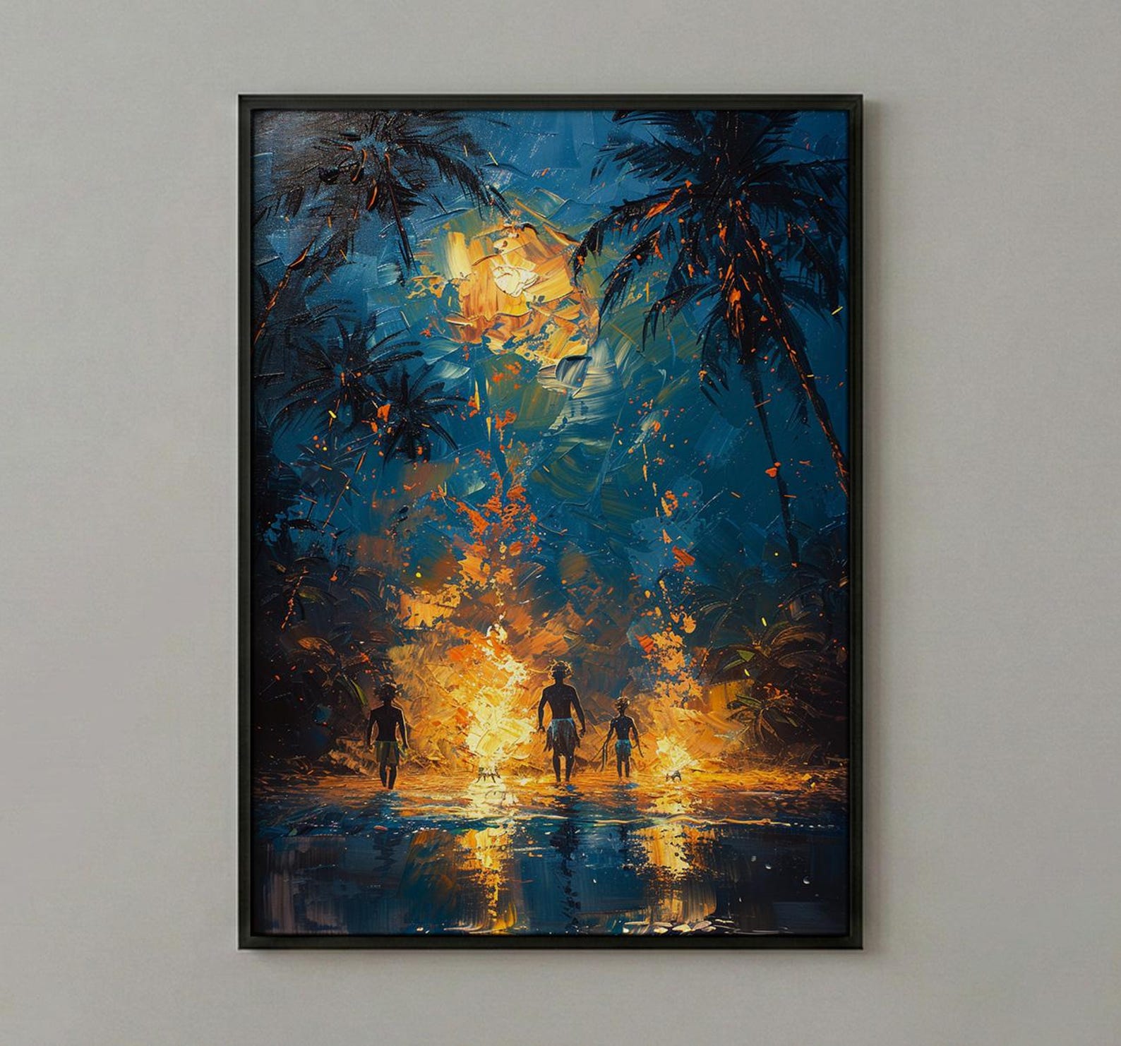 Polynesian Fire Dance Art Print, Night Beach Home Decor - Glowing Orange Coast Summer Artwork