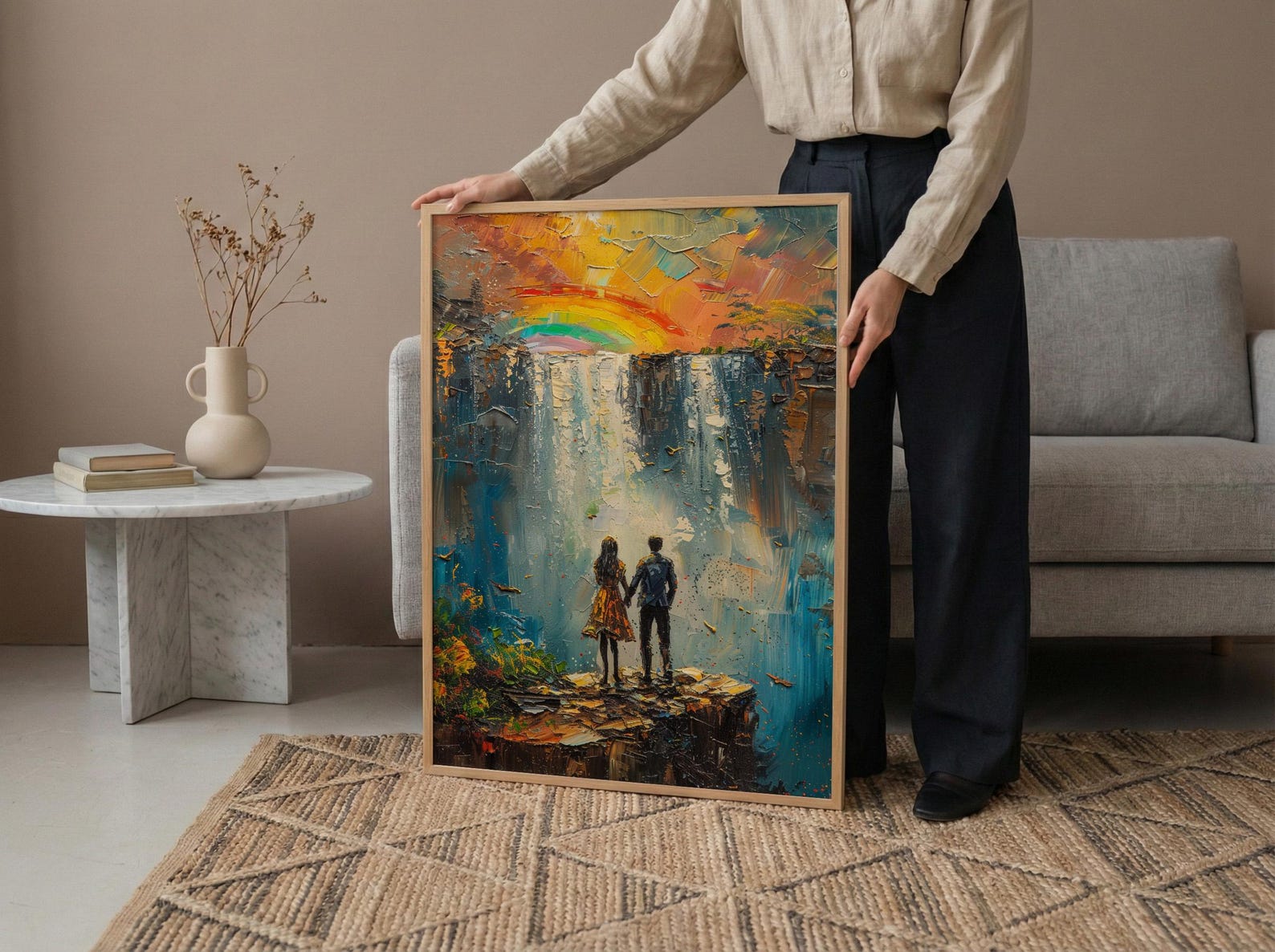Victoria Falls Poster, Waterfall Landscape Art Print, Zimbabwe Nature Wall Art, Romantic Couple Decor, Mist Rainbow Painting — view 4