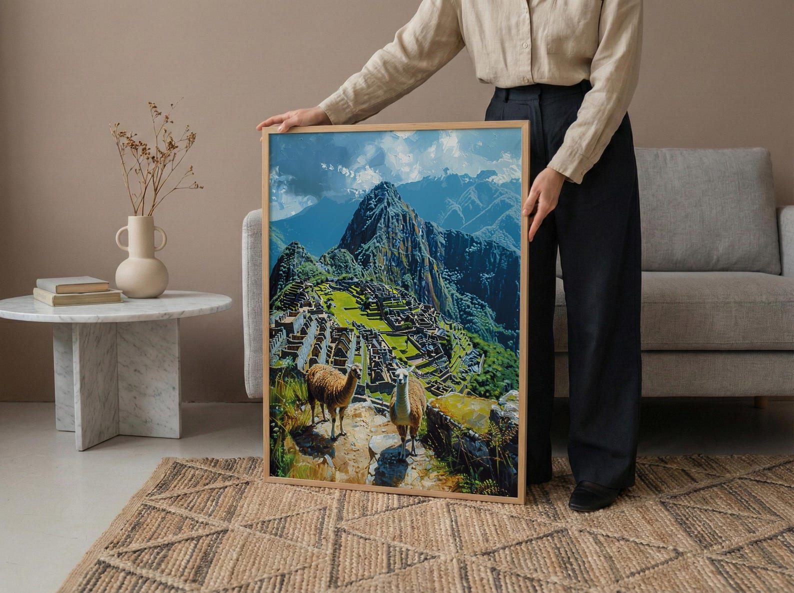 Machu Picchu Art, Peru Travel Print, Llama Decor, Impasto Oil Painting, Ancient Ruins, Adventure Gift, Engagement Gift — view 6