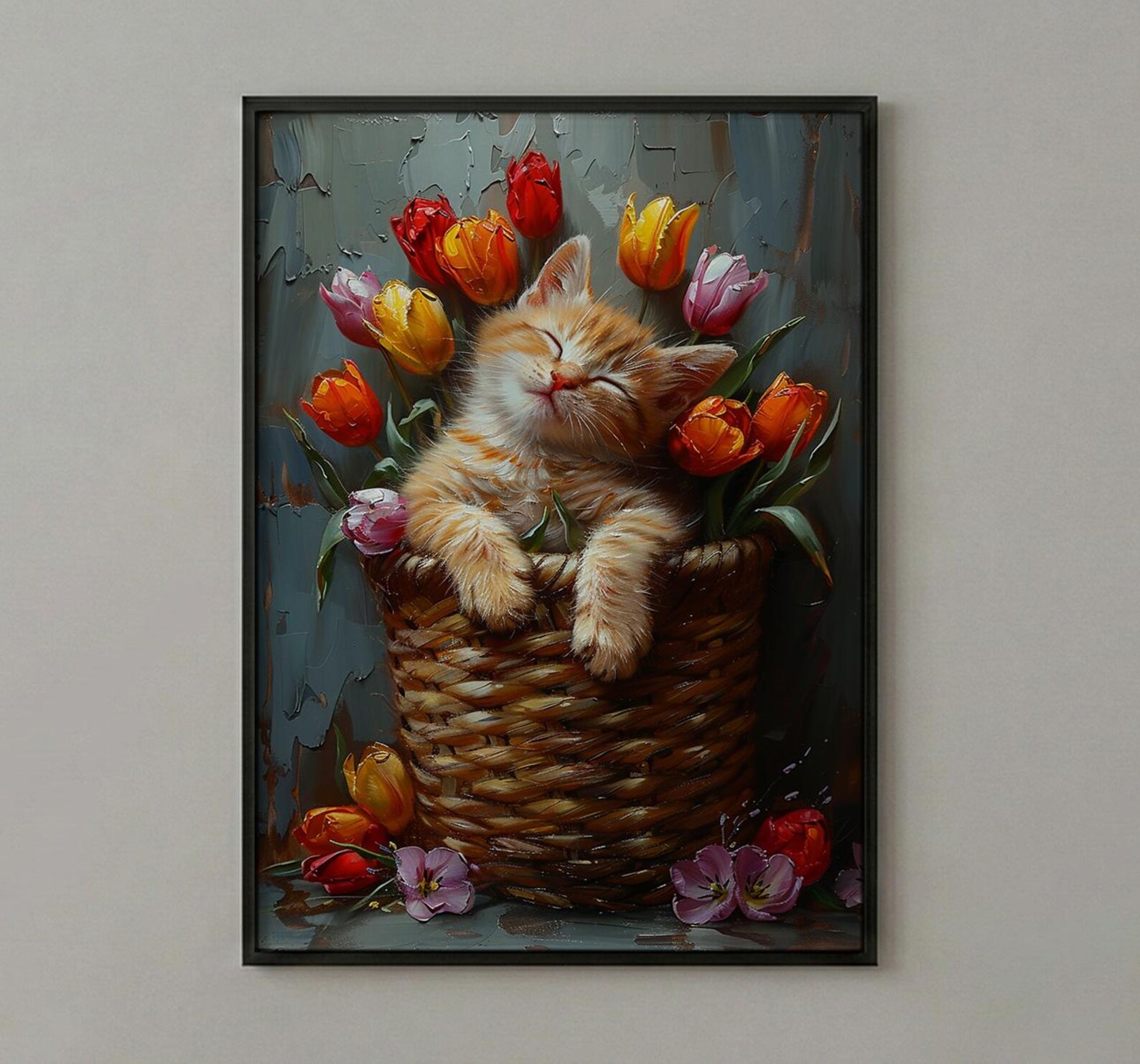 Sleeping Kitten Nursery Wall Art, Spring Tulip Print - Playroom Decor