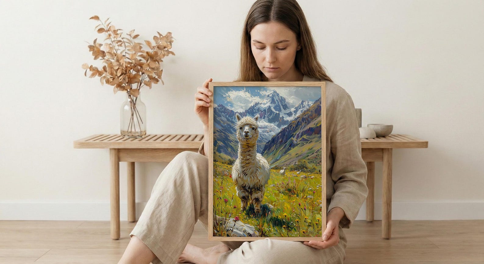White Alpaca Art Print, Lush Andean Valley Decor - Green Mountain Snow Peak Summer — view 6