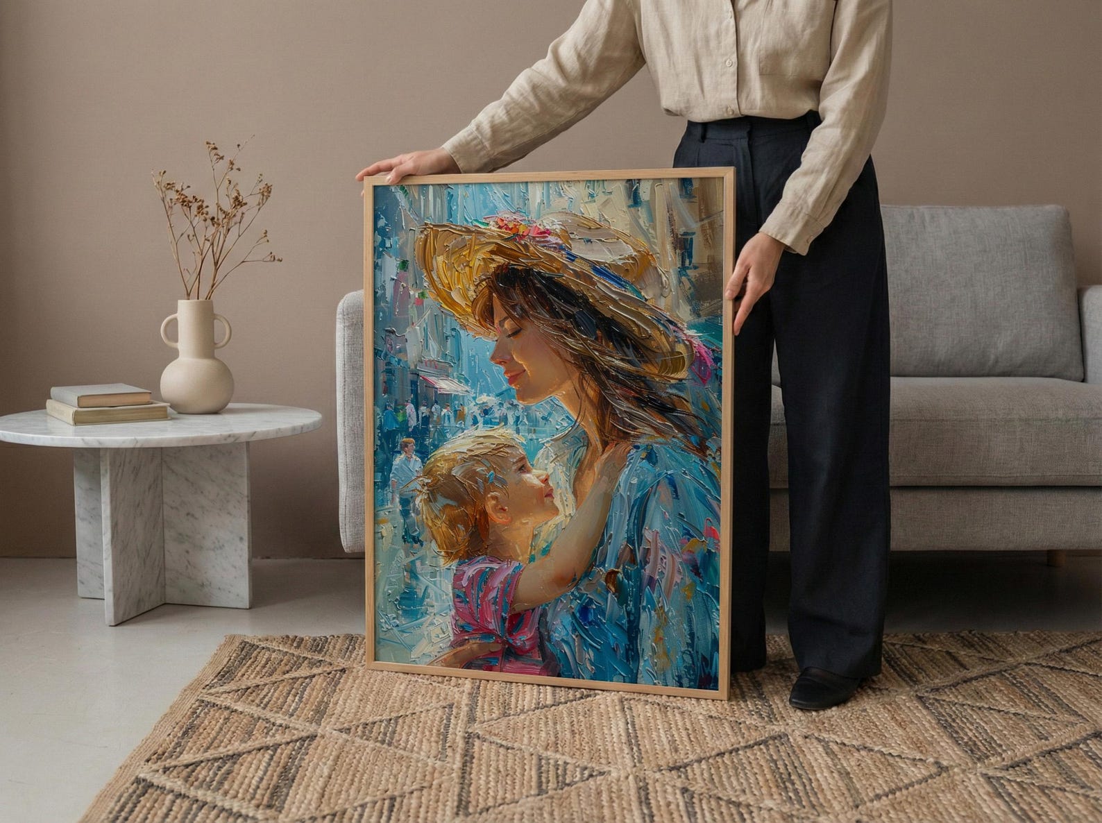 Italian Piazza Art Print, Mother Son Poster - Thick Oil Painting Style — view 6
