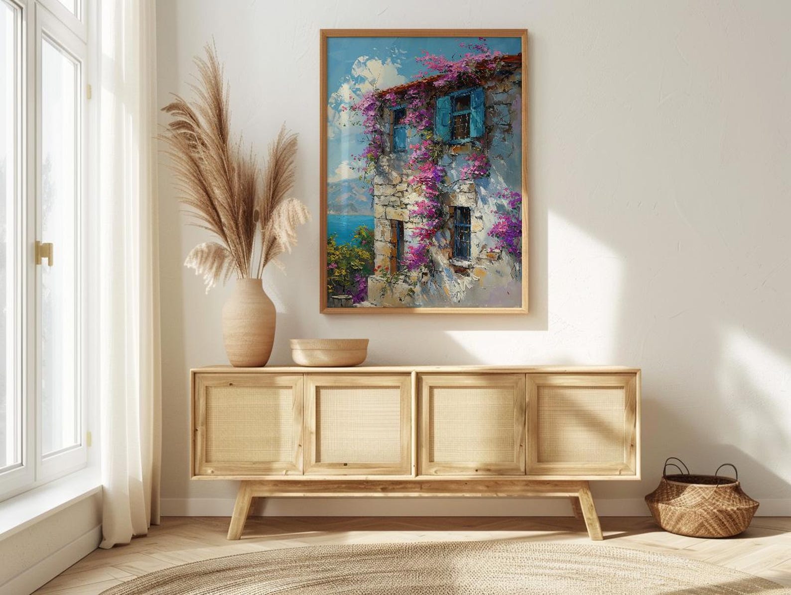 Turkey Wall Art, Alacati Print, Aegean Stone House, Impasto Oil Painting, Blue Bay Window, Bougainvillea, Summer — view 3