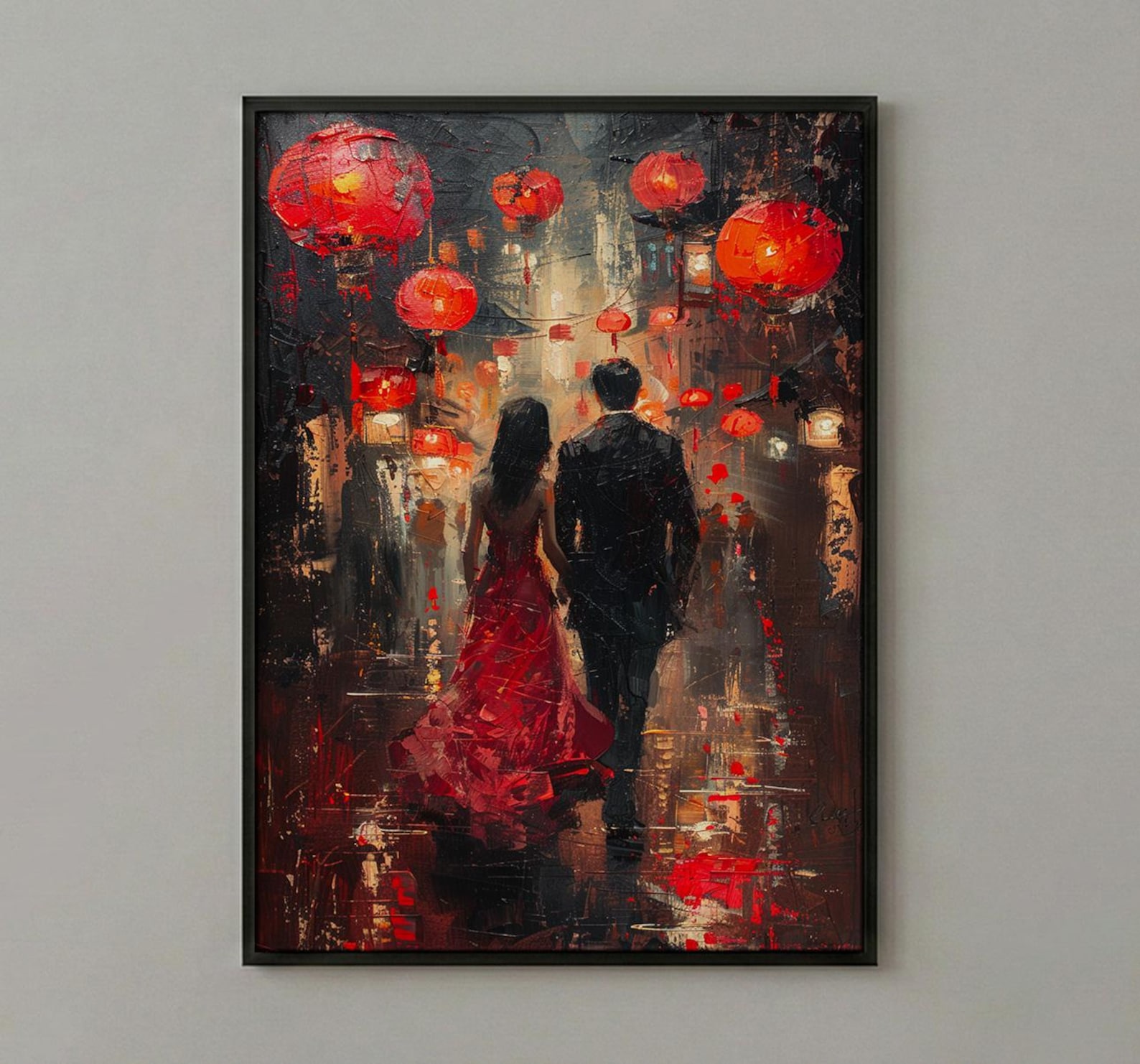Chinese Lanterns Wall Decor, Red Silk Dress Art - Thick Oil Painting Style
