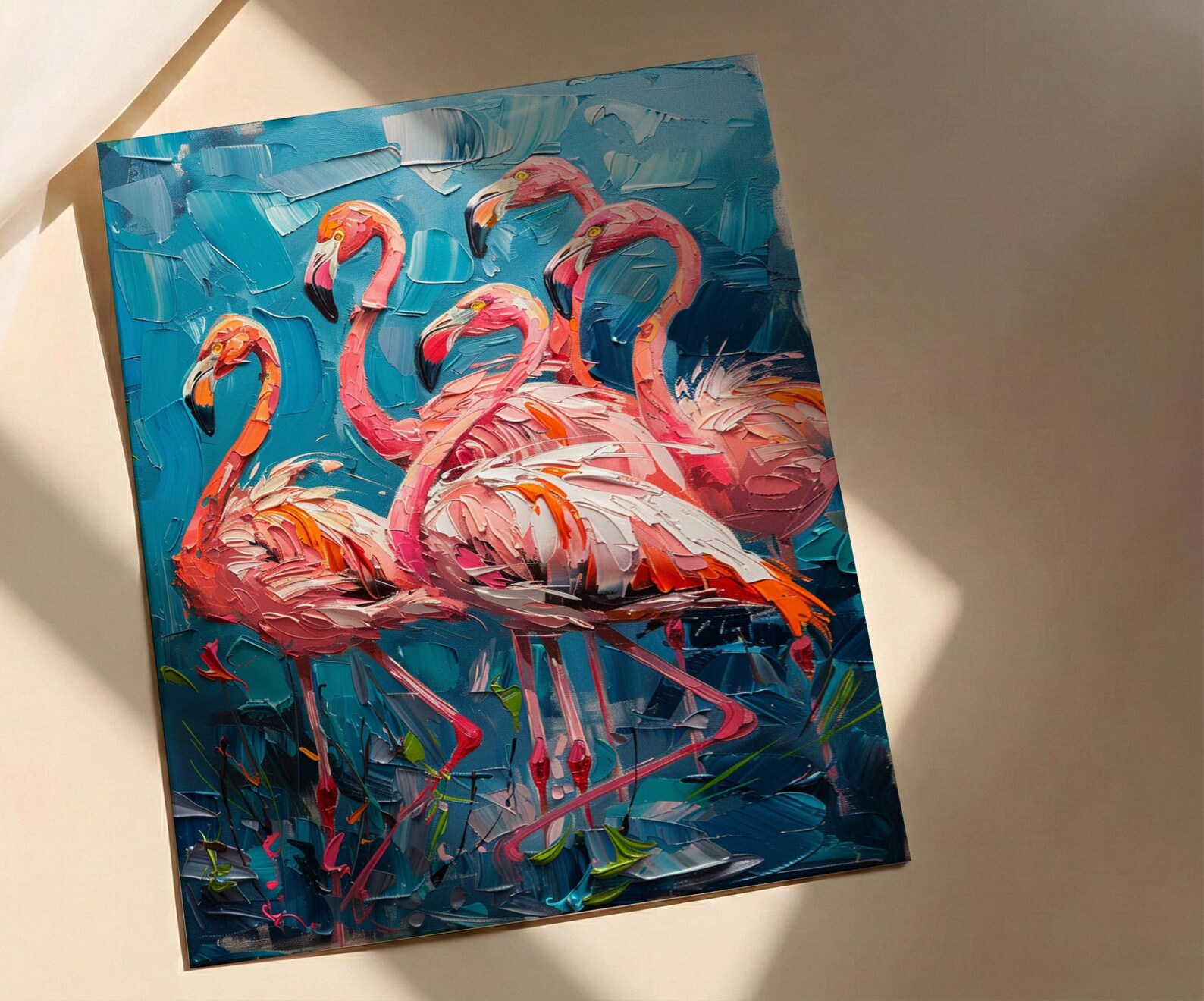 Pink Flamingo Blue Lake Wall Art, Tropical Bird Nature Poster - Textured Impasto Oil Painting — view 2