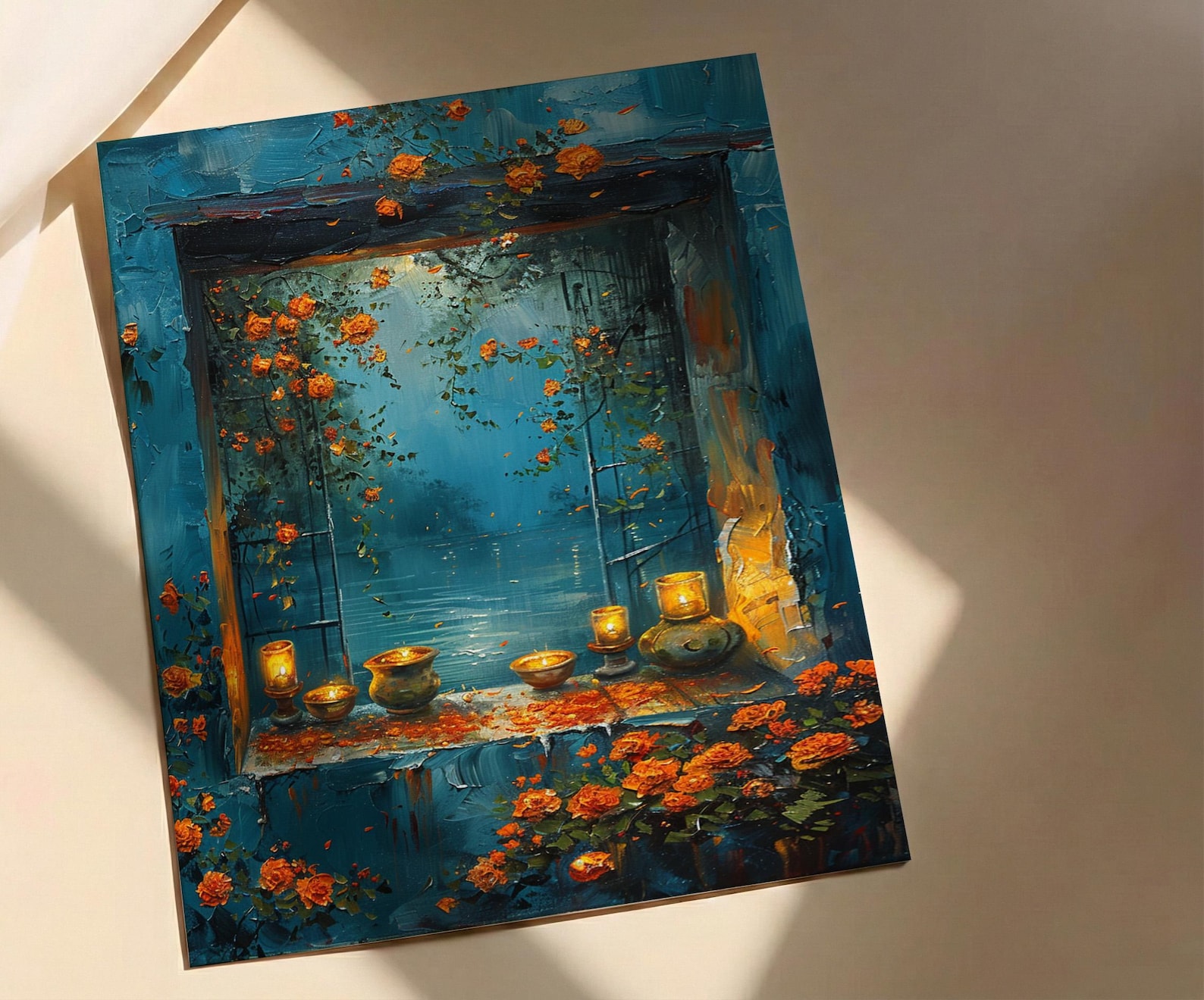 Diwali Art Print, Festival of Lights, Diya Decor, Impasto Oil Painting, Night Window, Cozy Home, Best Friend Gift — view 5