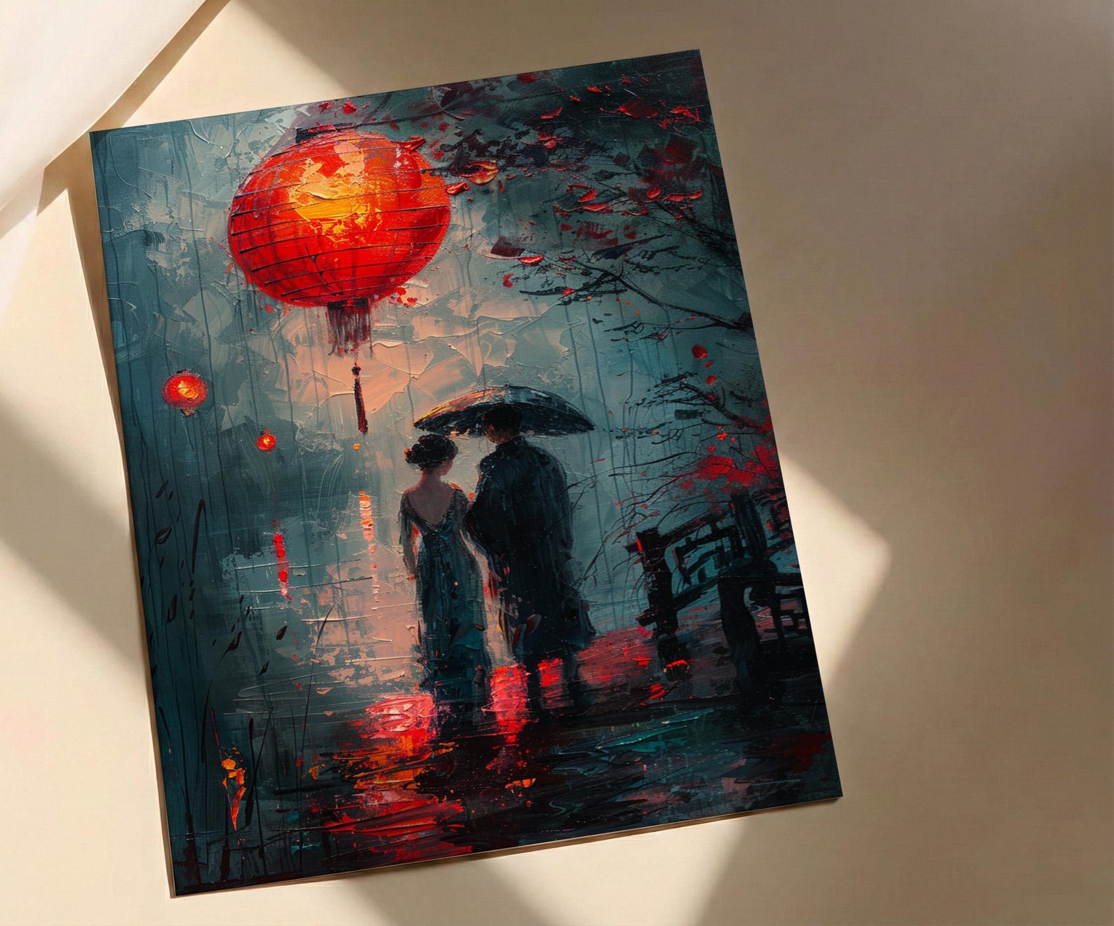 Asian Couple Art, Red Lantern Print, Romantic Night, Impasto Oil Painting, Traditional Chinese Decor, Love Gift, Bridge Scene — view 5