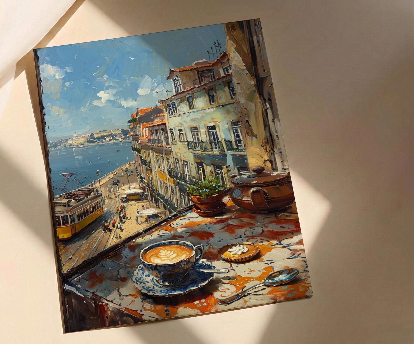 Lisbon Window Art Print, Yellow Tram Decor - Pastel De Nata Landscape — view 3