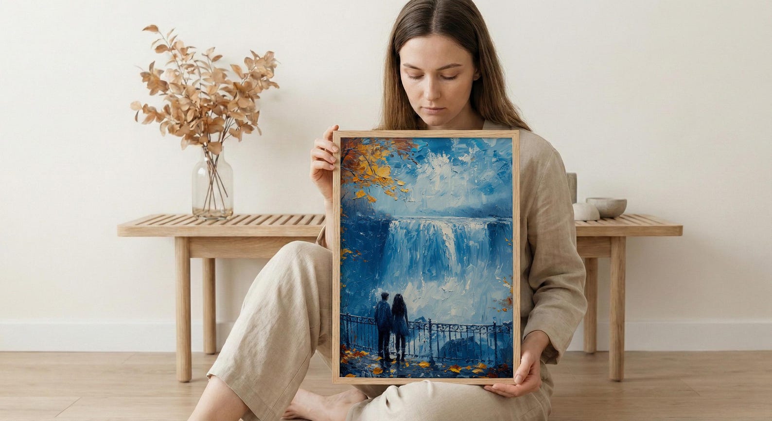 Niagara Falls Wall Art, Waterfall Landscape Print, Romantic Couple Painting, Nature Lover Gift, Impasto Water Art — view 6