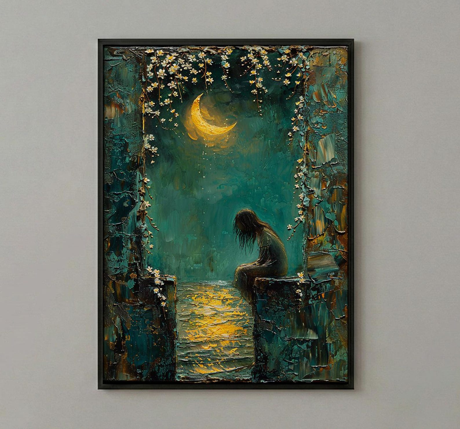 High Priestess Tarot Wall Decor, Crescent Moon Print - Palette Knife Painting Style