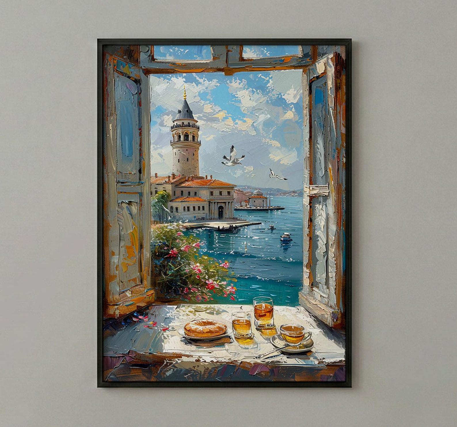 Istanbul Art Print, Maidens Tower Poster, Bosphorus Window Wall Art, Turkish Tea Simit Decor, Seaside Painting — view 3
