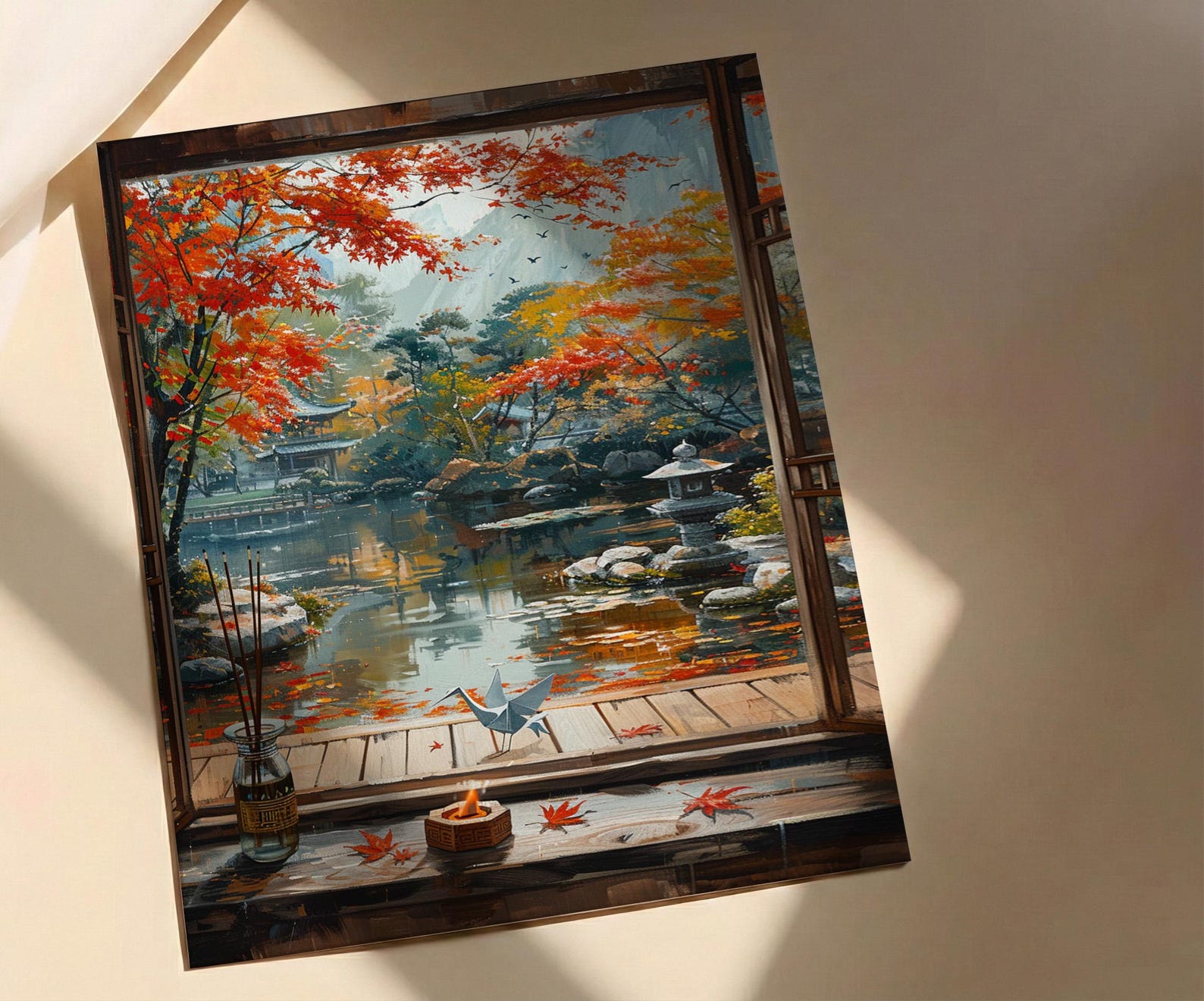 Kyoto Window Art Print, Zen Garden Decor - Autumn Red Maple Origami — view 4