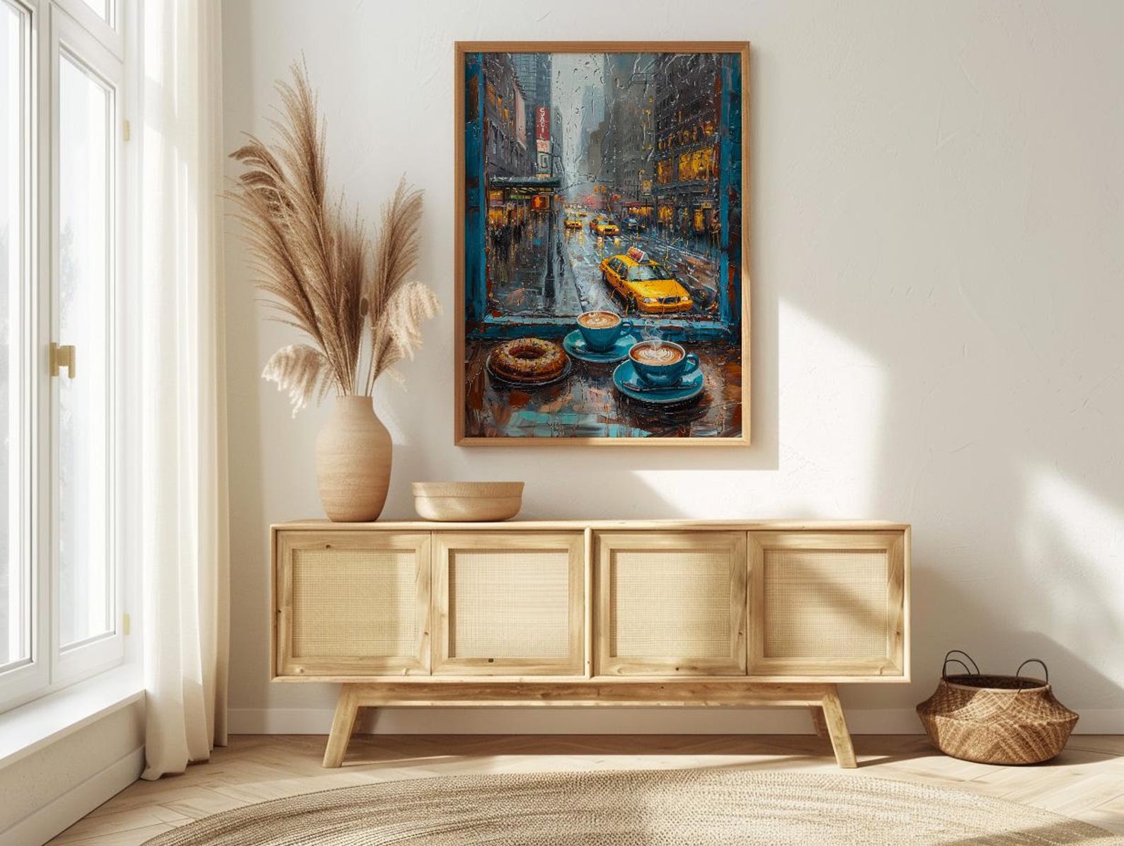 New York Wall Art, Open Window View, Rainy City Print, Coffee Shop Decor, NYC Skyline Painting, Fake Window — view 5