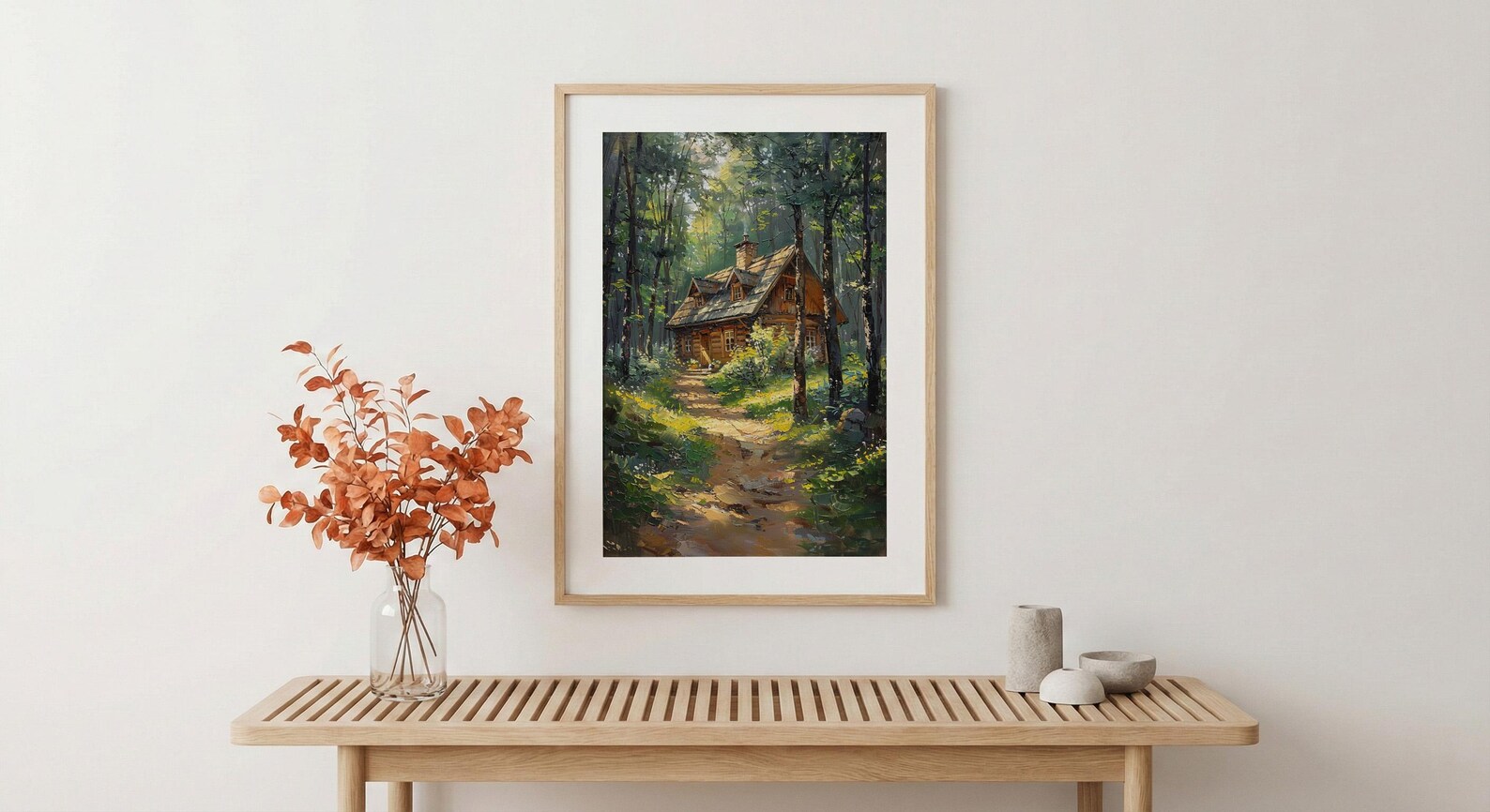 Wooden A Frame Cabin Poster, Lush Green Forest Decor - Warm Summer Sunlight View — view 5