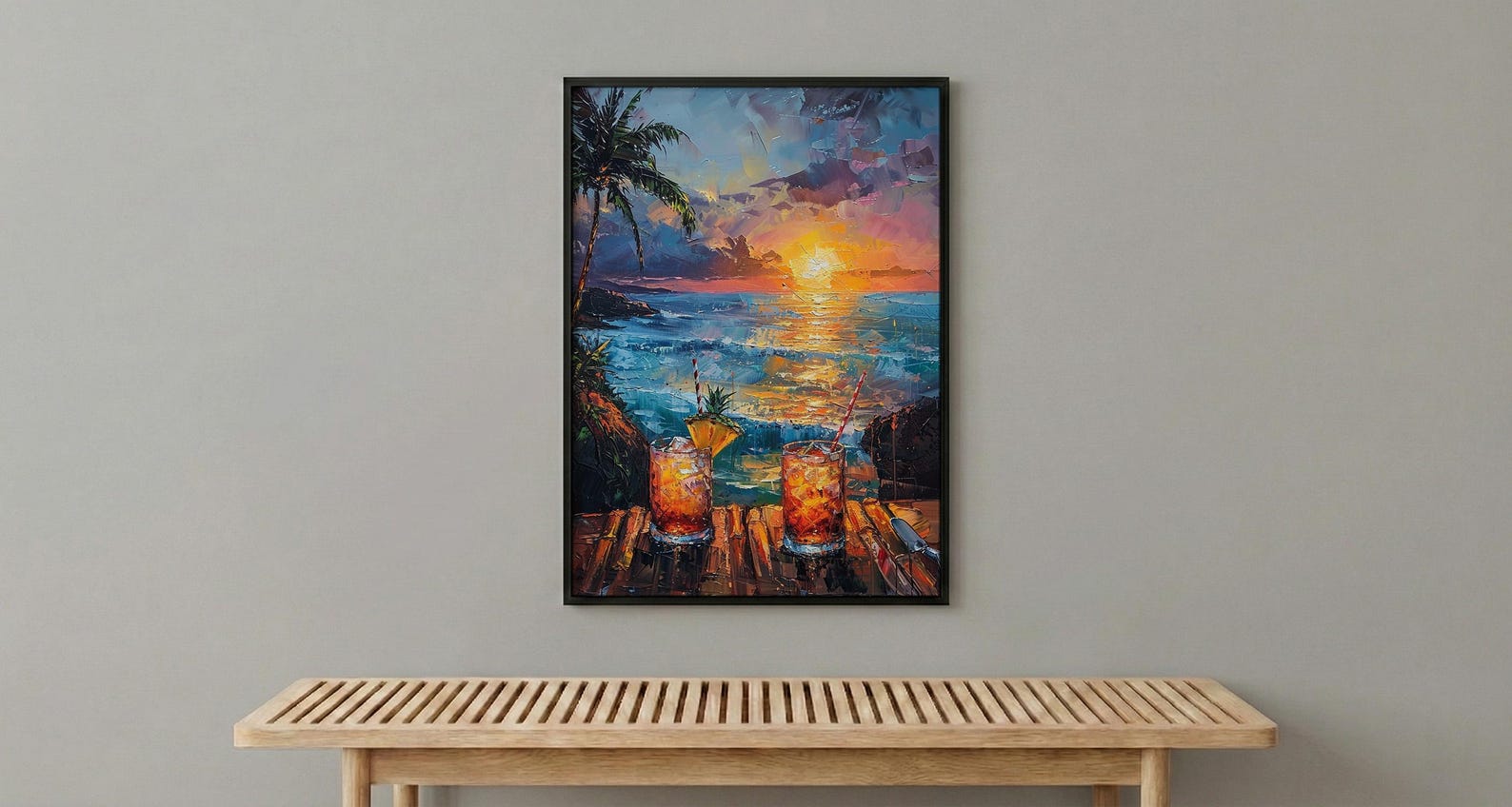Hawaii Wall Art, Tropical Window View, Beach Sunset Print, Tiki Bar Decor, Ocean Landscape Painting — view 3