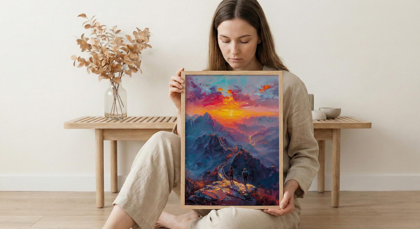 China Art Print, Great Wall Poster, Ancient Sunrise Wall Art, Couple Hiking Painting, Asian History Decor — view 6
