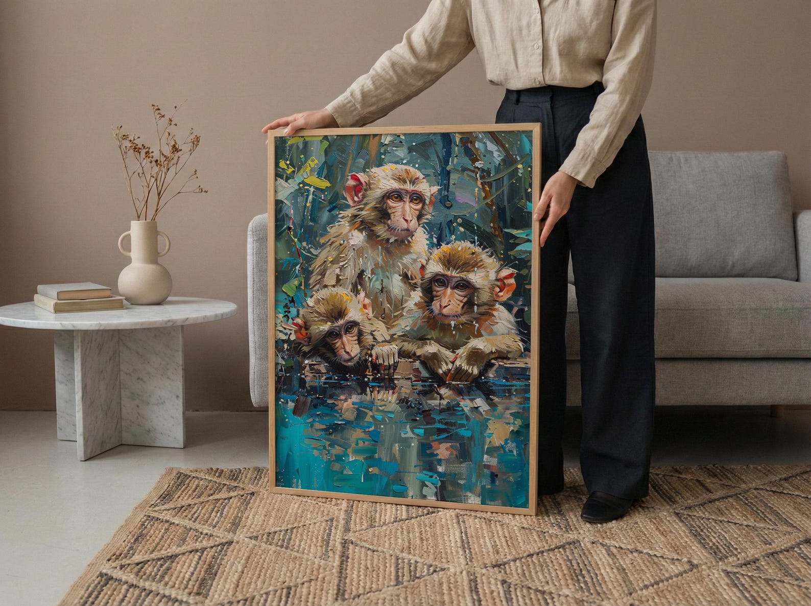 Japanese Macaque Art, Hot Spring Decor - Lush Green Forest Print — view 6