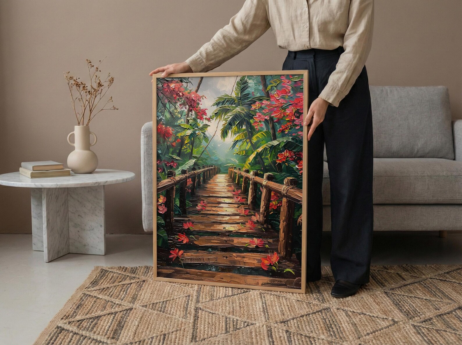 Costa Rica Jungle Poster, Red Heliconia Decor - Bridge Landscape — view 5