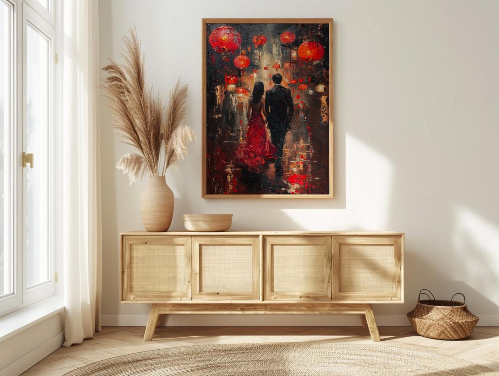 Chinese Lanterns Wall Decor, Red Silk Dress Art - Thick Oil Painting Style — view 3