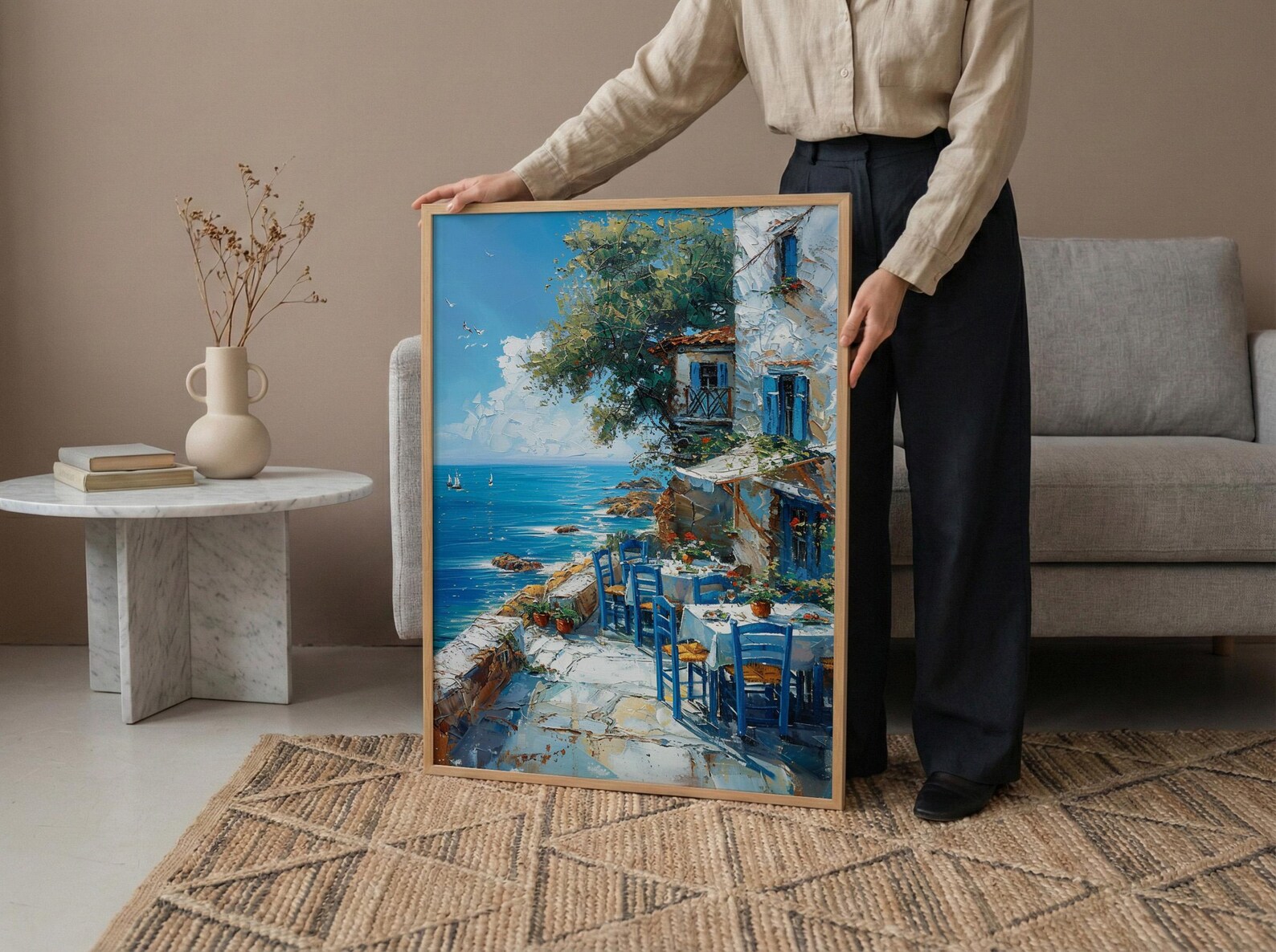 Greek Taverna Art, Greece Ocean Decor - Blue Chair Poster — view 6