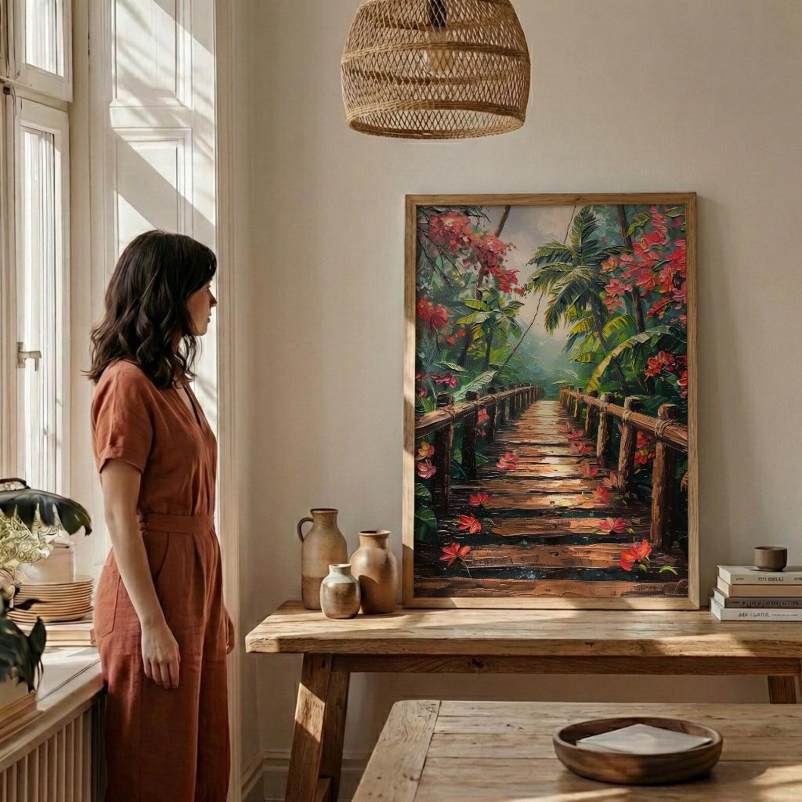 Costa Rica Jungle Poster, Red Heliconia Decor - Bridge Landscape — view 4
