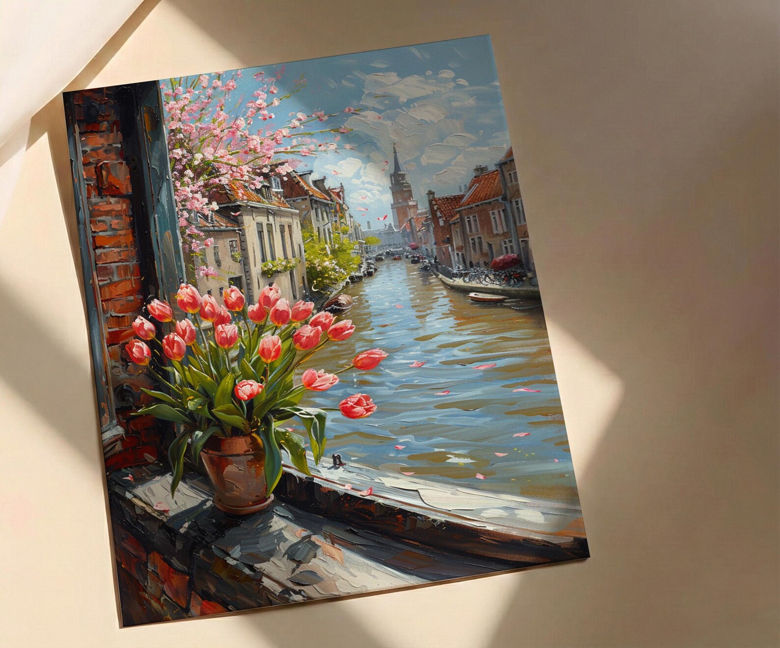 Amsterdam Window Wall Art, Canal House Decor - Red Tulip Spring Landscape — view 4