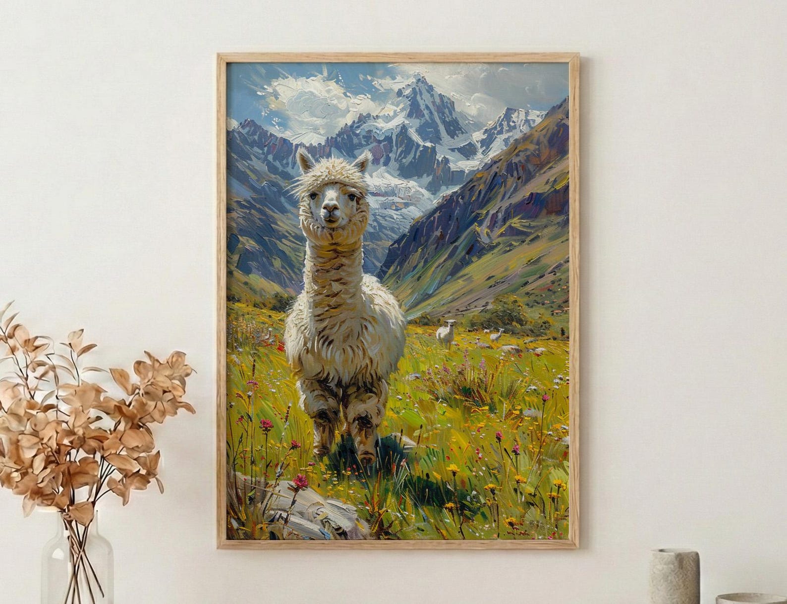 White Alpaca Art Print, Lush Andean Valley Decor - Green Mountain Snow Peak Summer