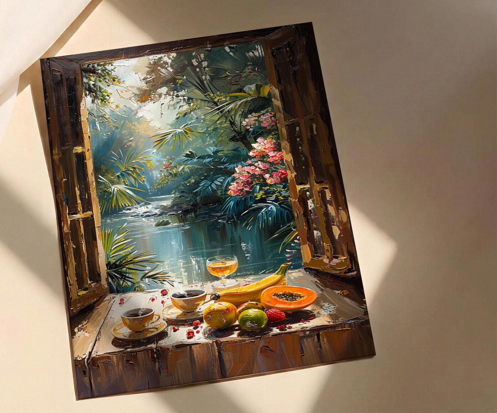 Amazon Rainforest Wall Art, Tropical River Art Print, Coffee Window Poster, Lush Green Painting, Nature Room Decor — view 2