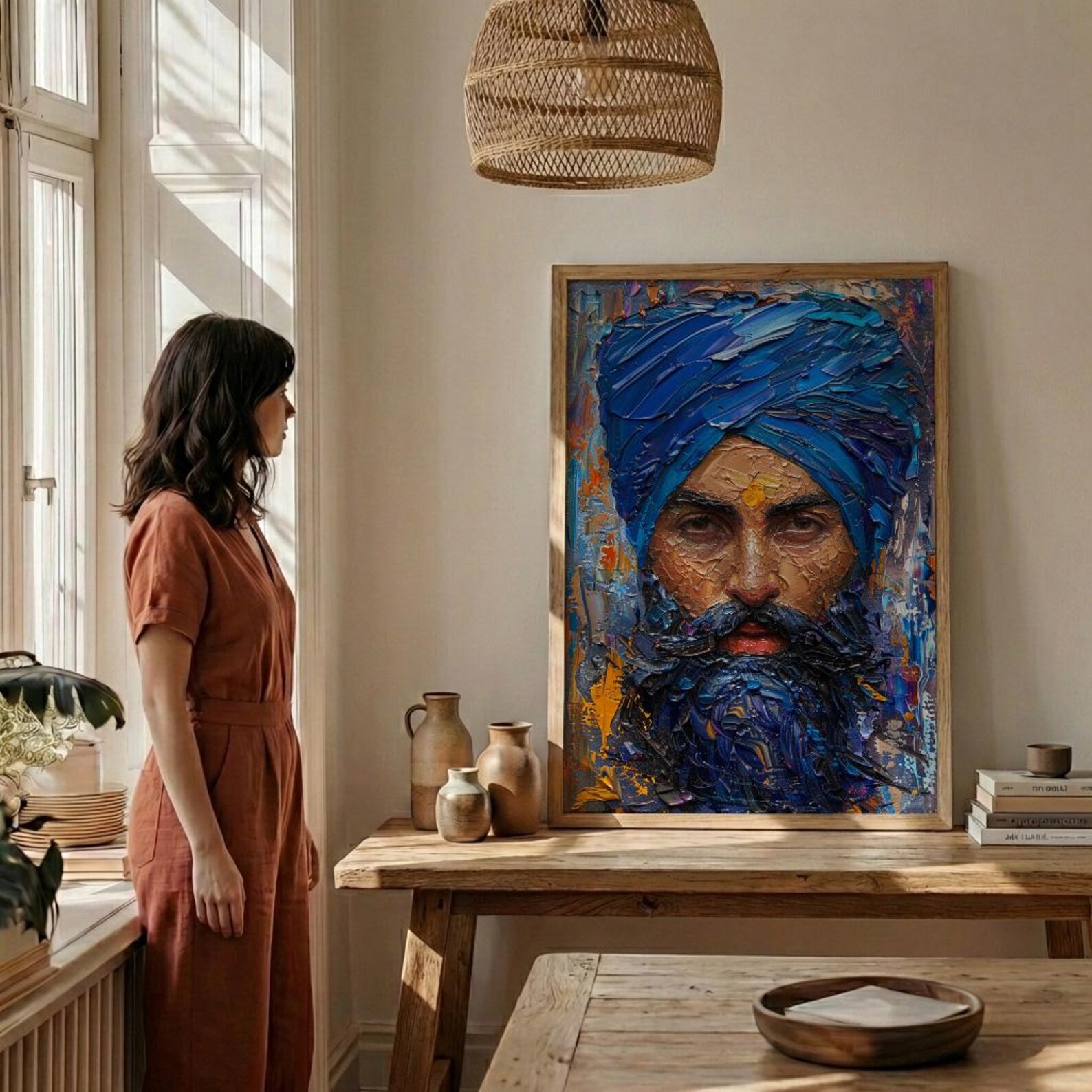 Indian Sikh Man Portrait Oil Painting Poster, Blue Turban Art Print, Bearded Sardar Face, Cultural Wall Art, Impasto Style Decor — view 3