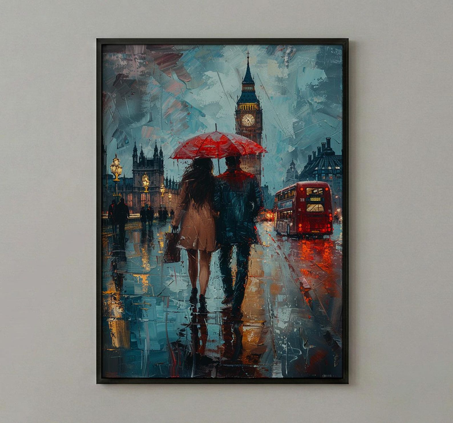 London Art Print, Big Ben Wall Art, Red Bus Poster, Rainy Cityscape Painting, UK Travel Decor