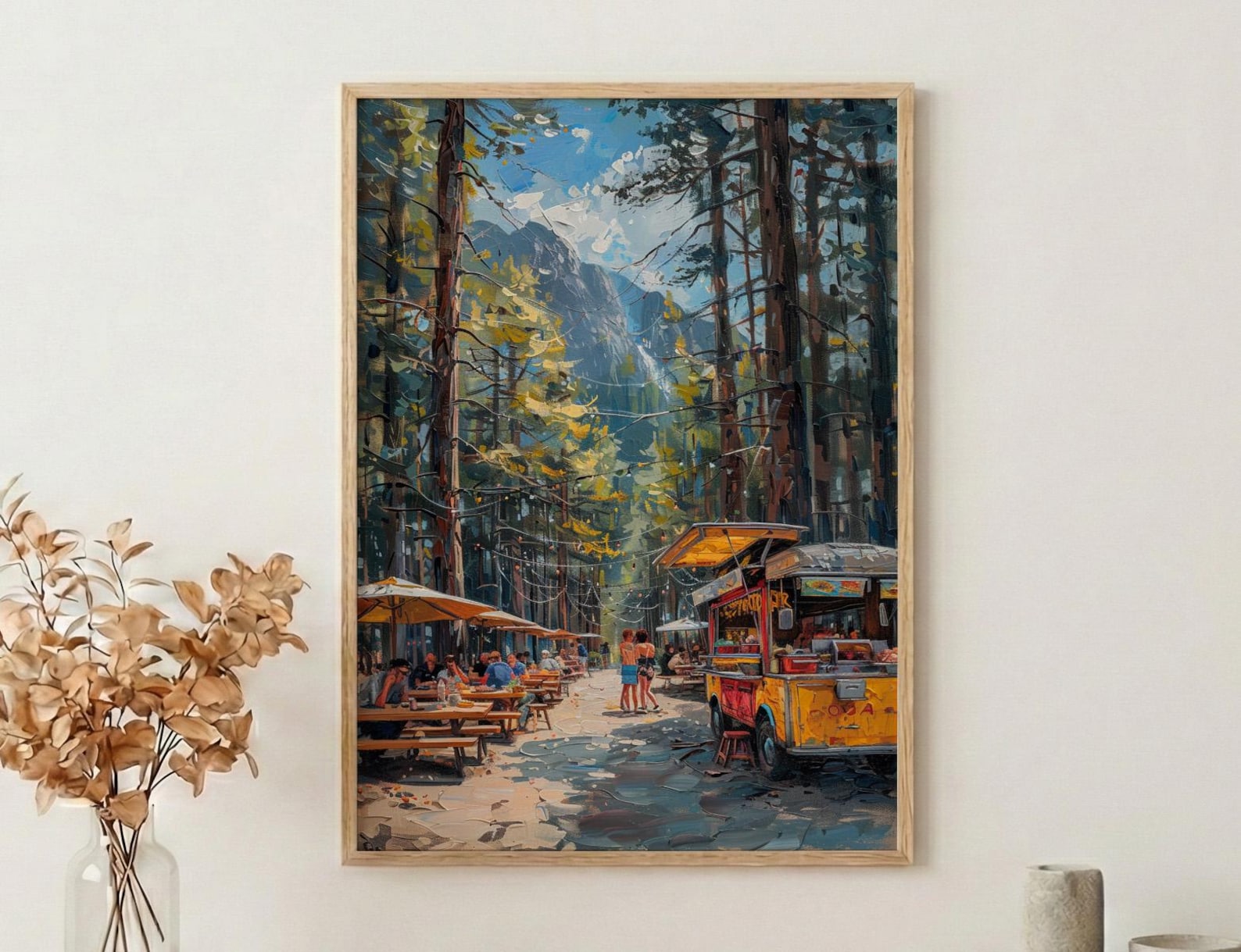 Portland Food Cart Wall Art, Oregon Street Food Decor - Lush Pine Tree Picnic Scene
