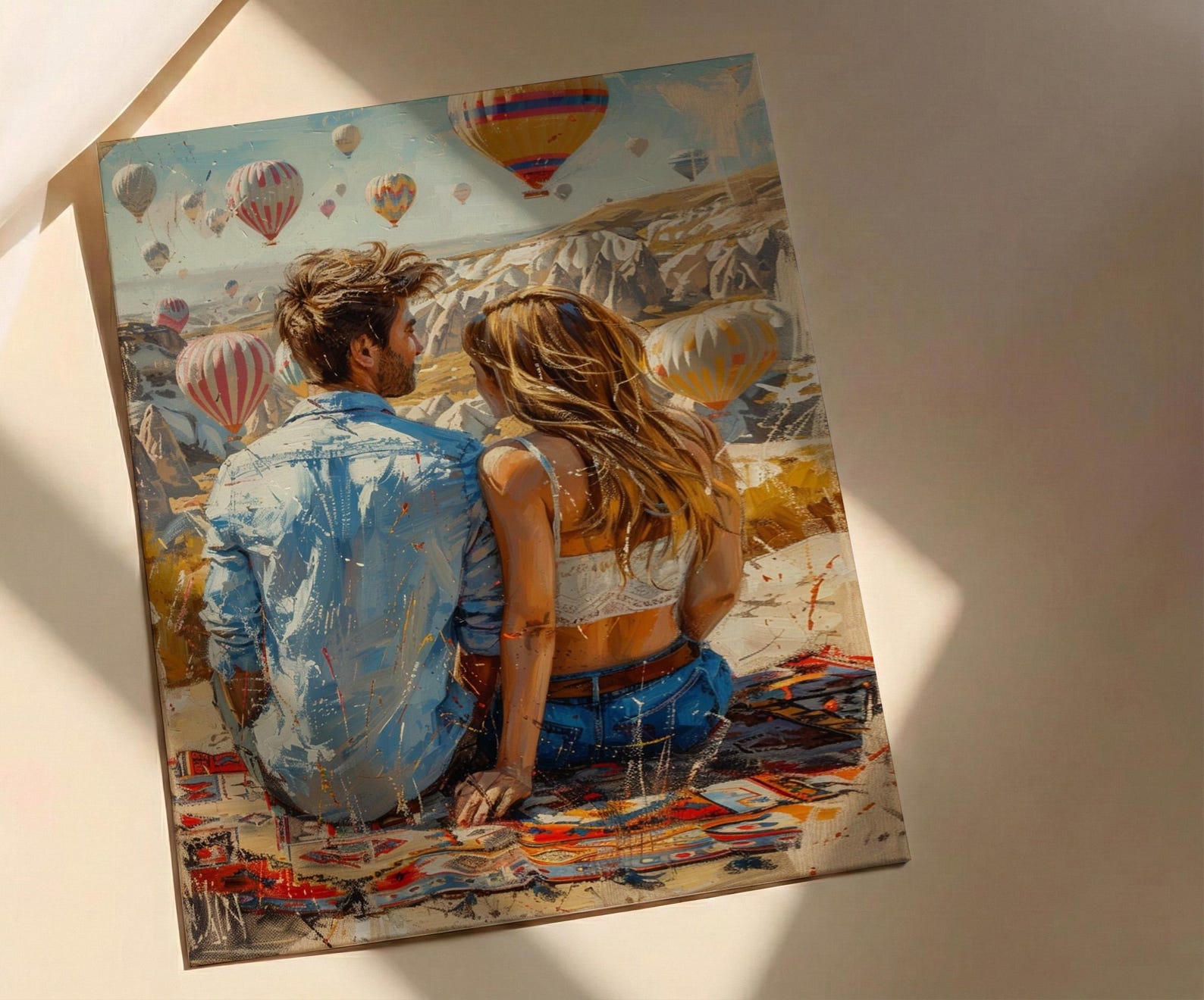 Cappadocia Wall Art, Turkey Balloon Art Print, Sunrise Landscape Poster, Romantic Couple Painting, Boho Travel Decor — view 2