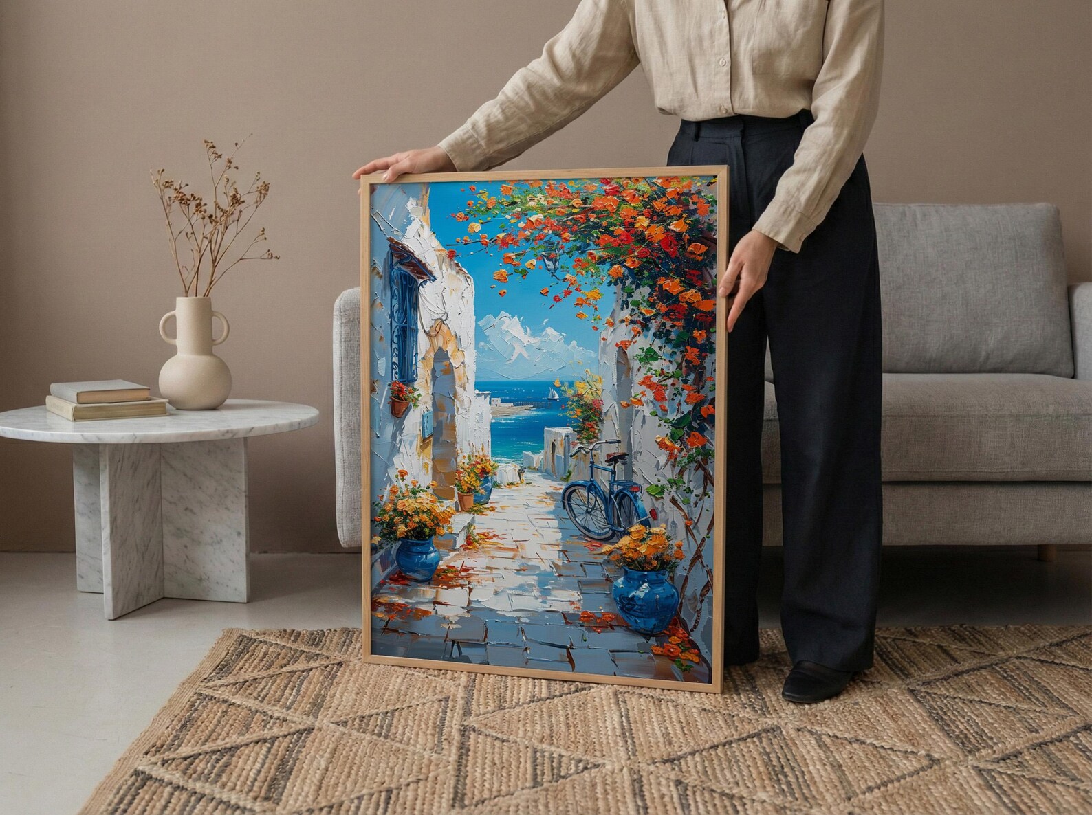 Essaouira Coastal Art Print, Moroccan Yellow Flower Decor - Textured Impasto Oil Painting — view 6