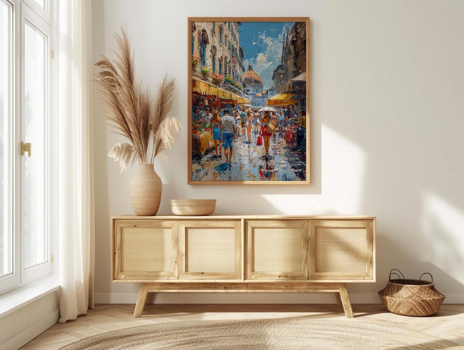 Florence Market City Poster, Italy Leather Home Decor - Vibrant Red Brown Bag Summer Landscape — view 4