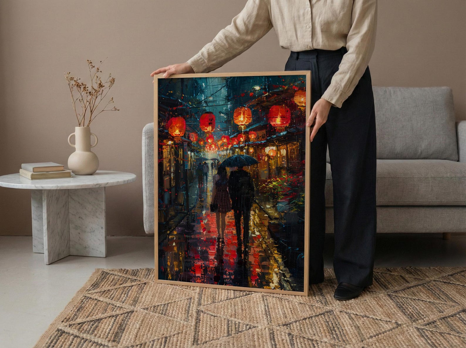 Kyoto Street Art, Japan Night Print, Rainy Cityscape, Impasto Oil Painting, Red Lanterns, Moody Decor, Anniversary Gift — view 6