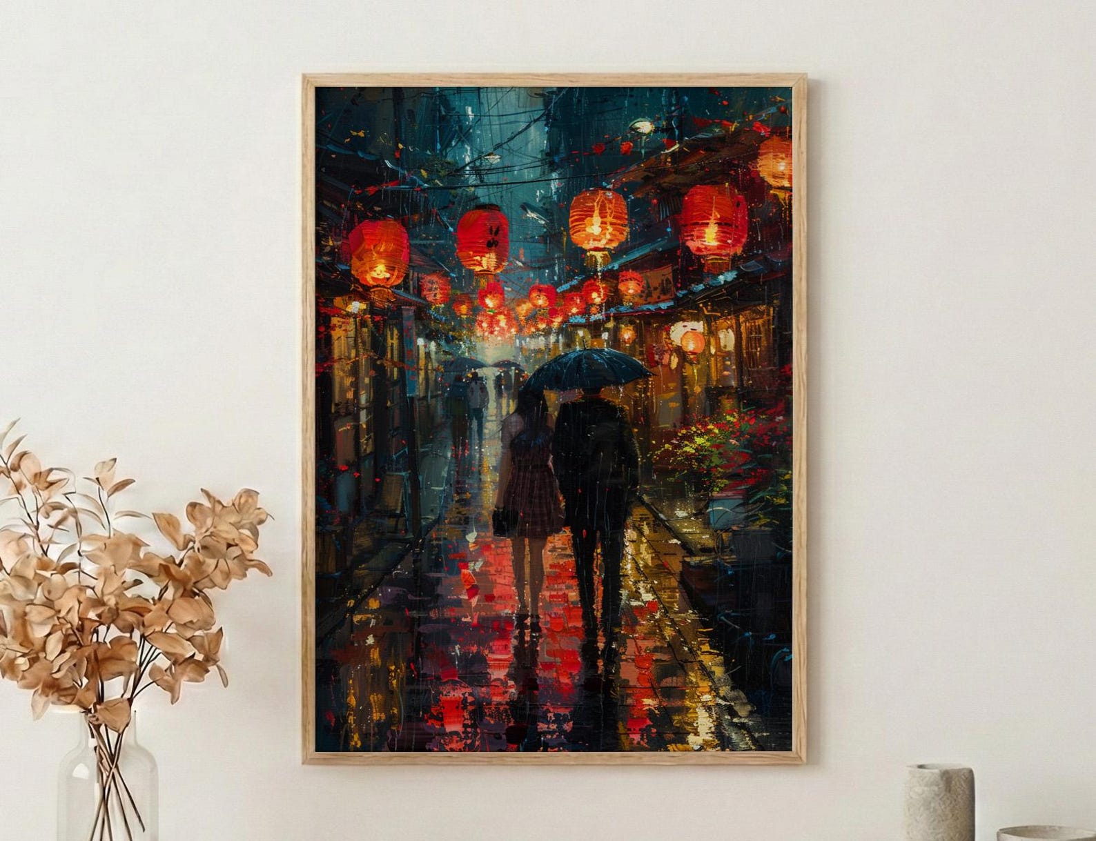 Kyoto Street Art, Japan Night Print, Rainy Cityscape, Impasto Oil Painting, Red Lanterns, Moody Decor, Anniversary Gift — view 2