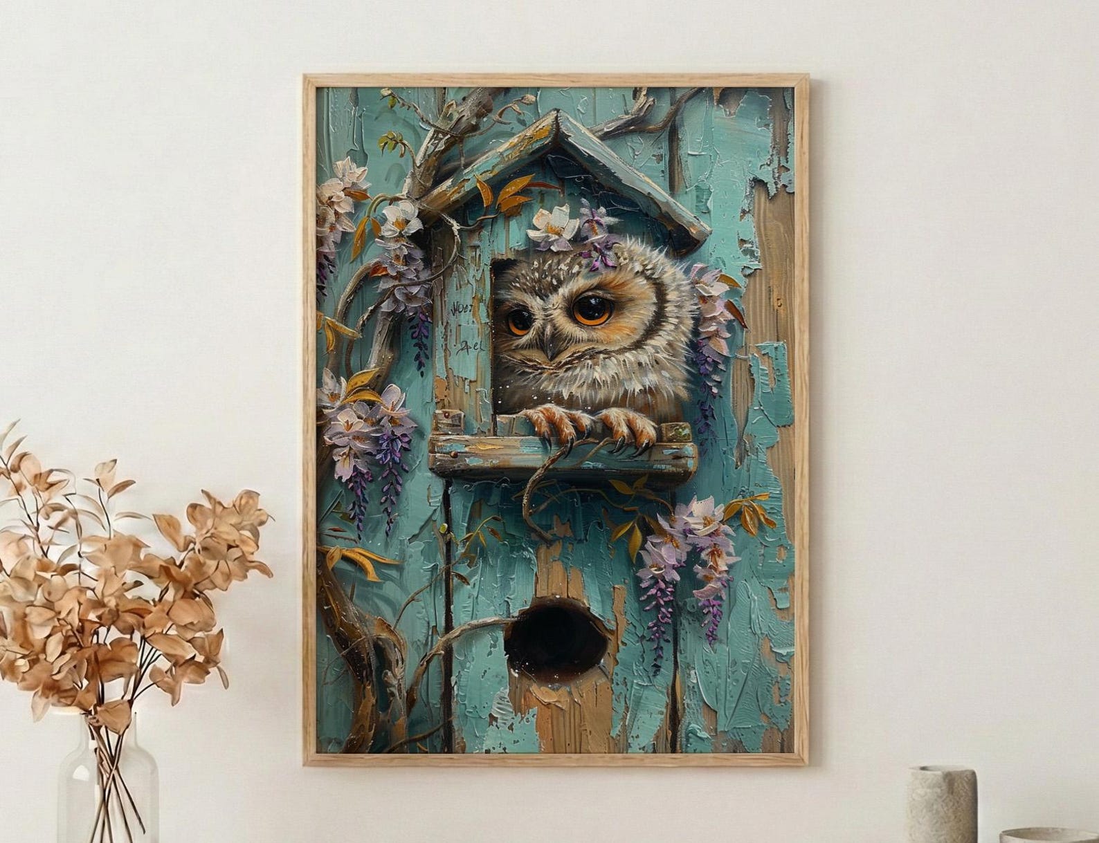 Baby Owl Nursery Wall Art, Purple Wisteria Spring Decor - Palette Knife Painting Style — view 3