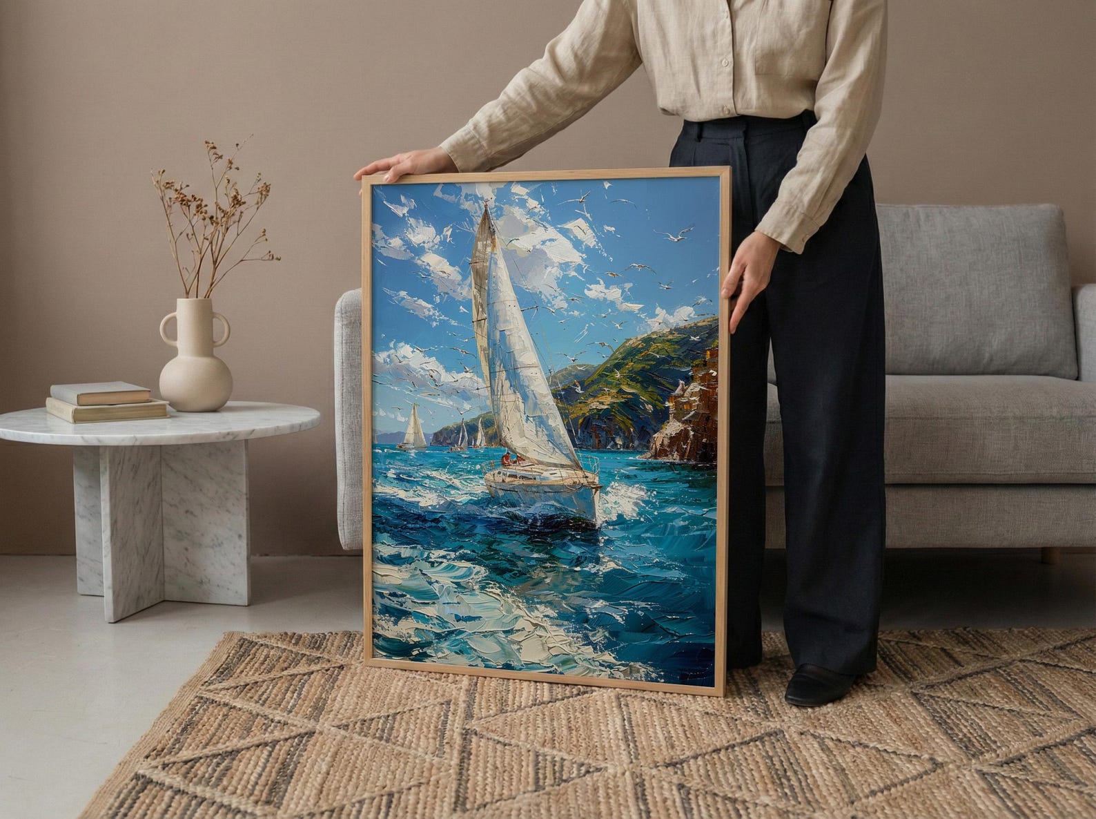 Bay Of Islands Art Print, White Sailboat Home Decor - Energetic Ocean Coast Summer Getaway — view 6