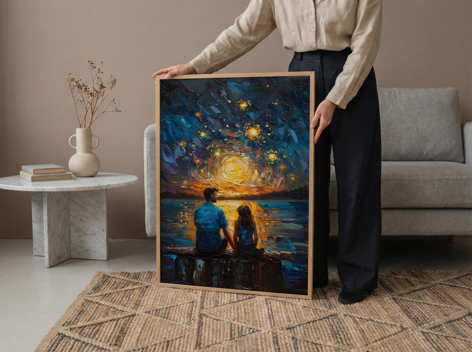 Watching Stars Wall Art, Father And Daughter Decor - Night Sky Landscape Print — view 5