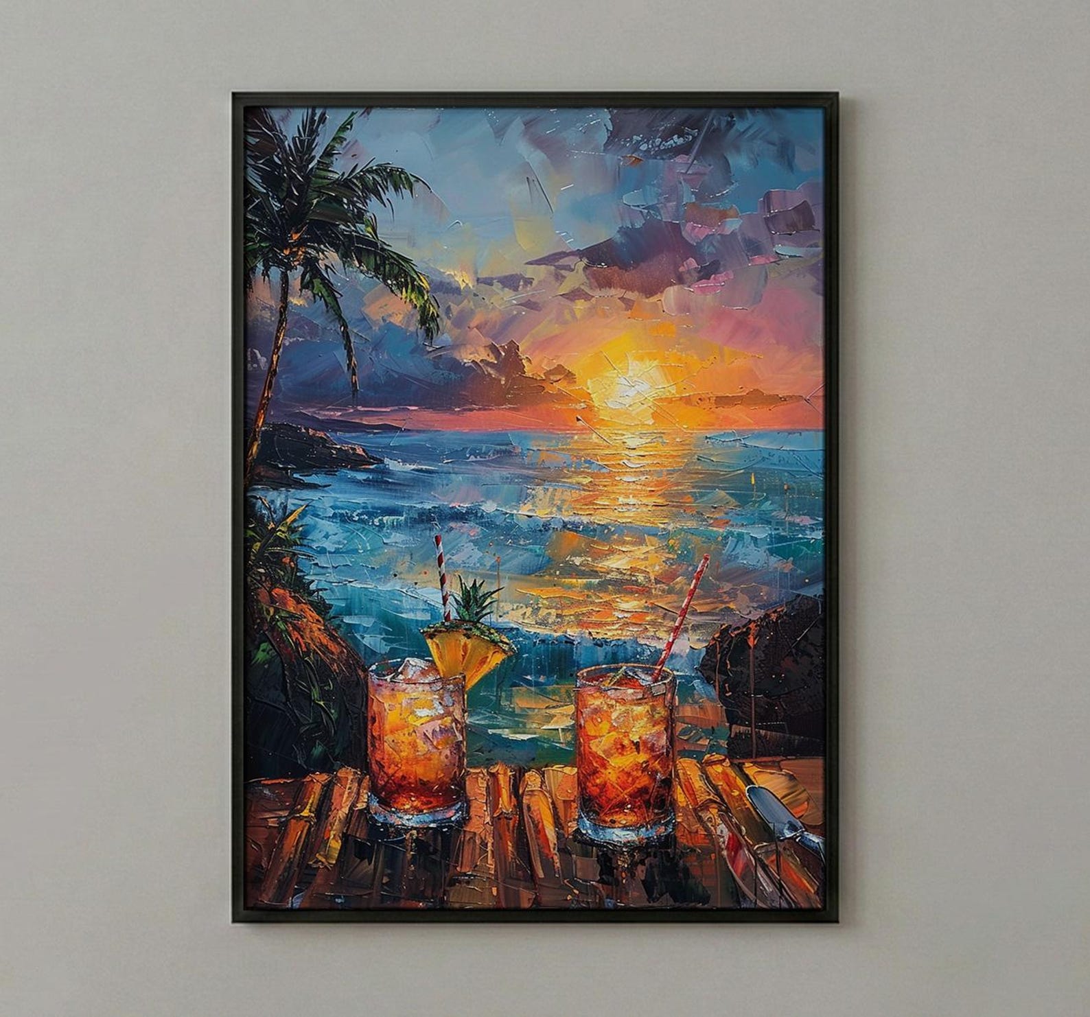Hawaii Wall Art, Tropical Window View, Beach Sunset Print, Tiki Bar Decor, Ocean Landscape Painting