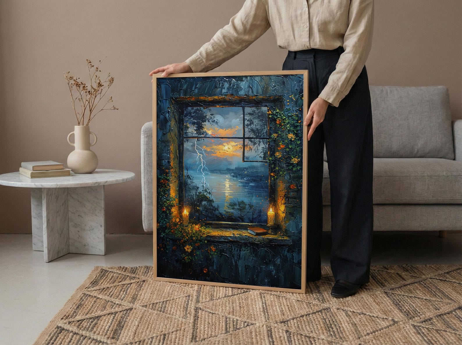 Gothic Art Print, Stormy Window Poster, Castle Wall Art, Burning Candles Decor, Dark Academia Romance Painting — view 6