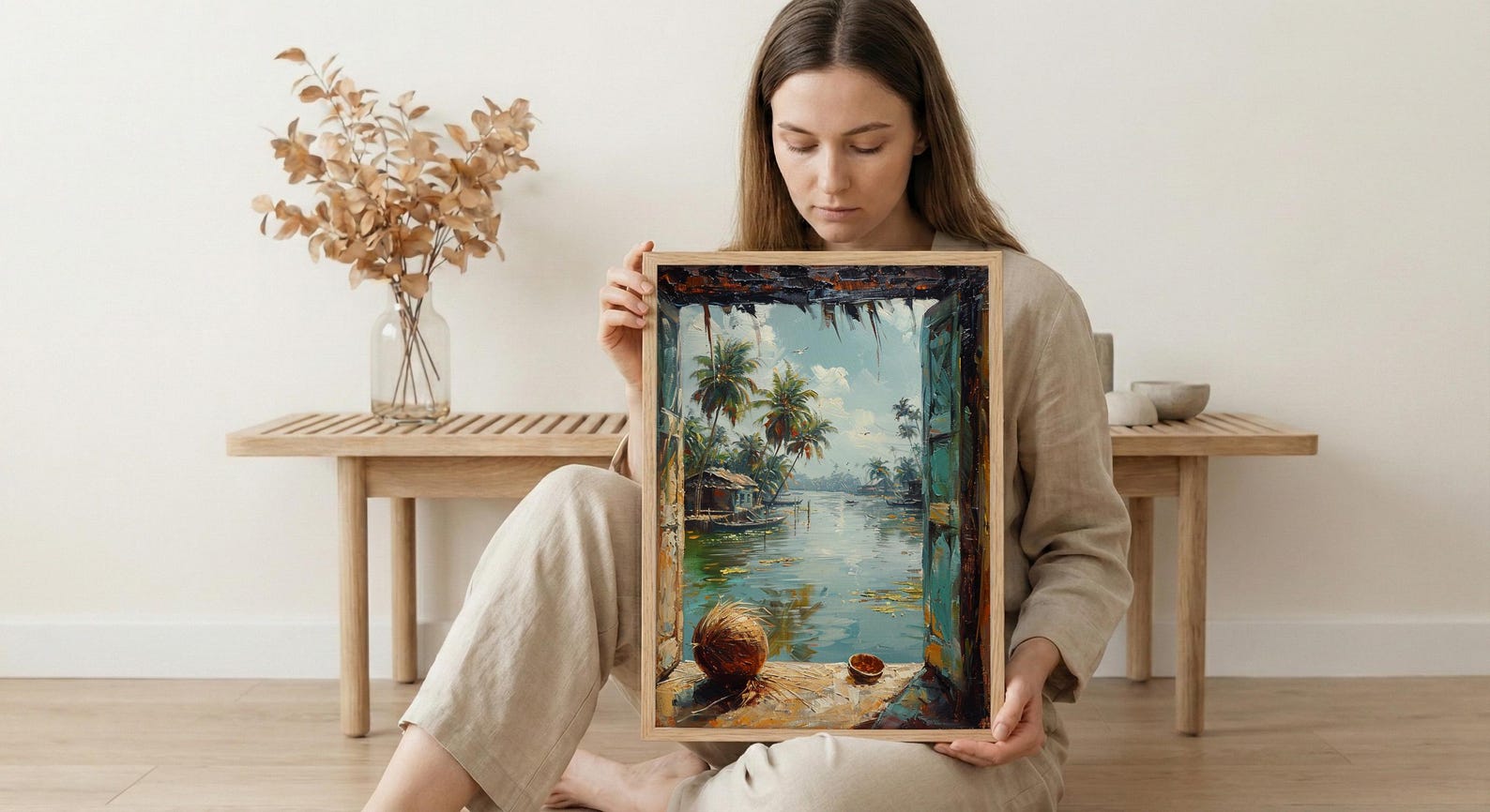 Kerala Window Poster, Tropical Jungle Decor - Backwaters Coconut Art — view 5