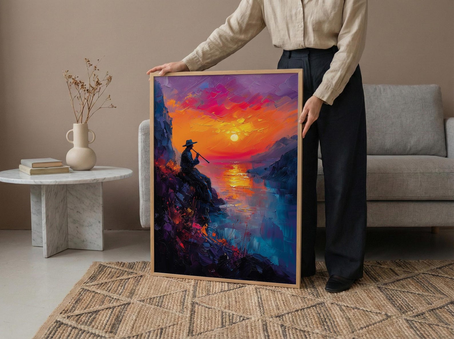 Andean Flute Player Poster, Mountain Sunset Room Decor - Vibrant Orange Purple Sky Silhouette — view 4